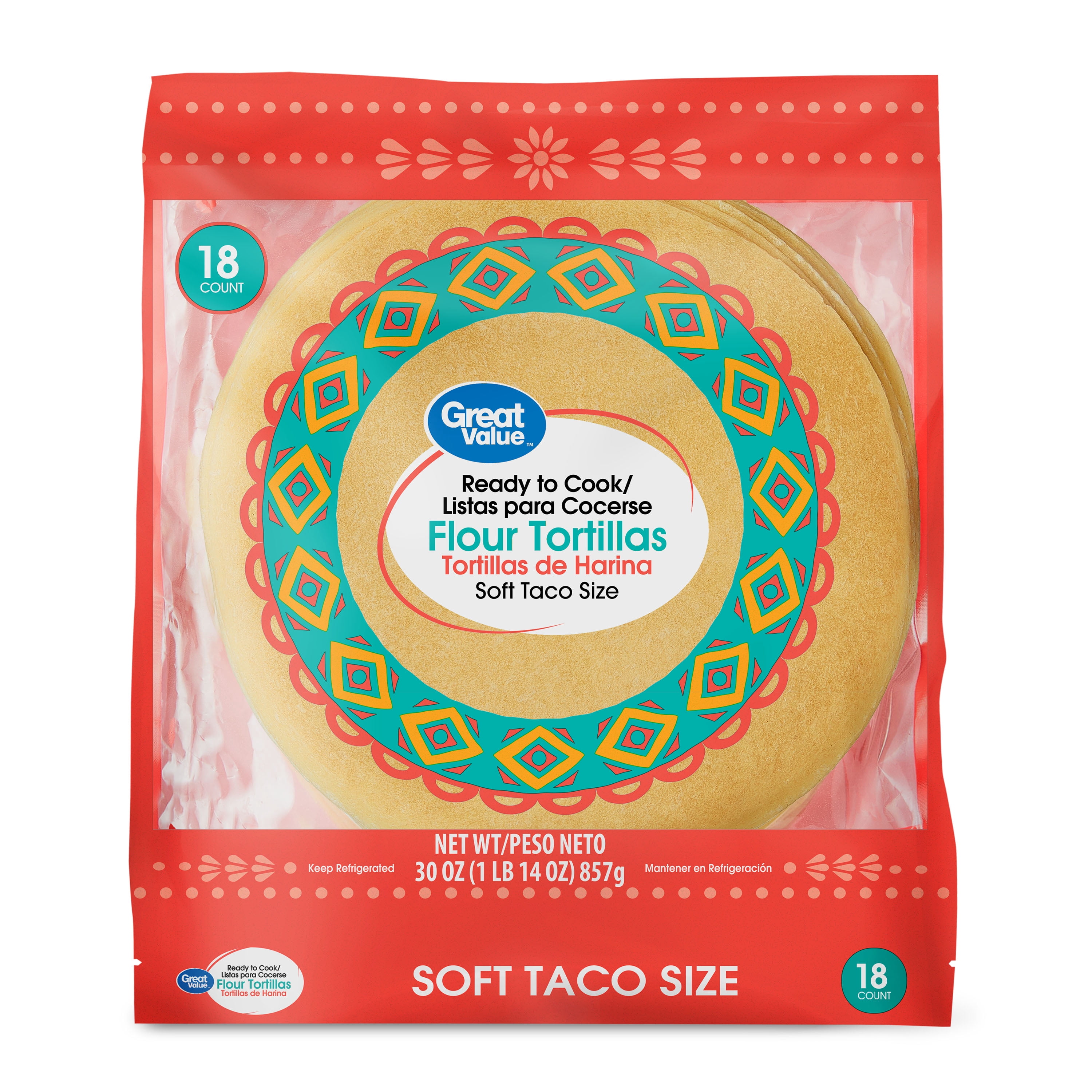Great Value Ready to Cook Soft Taco Size Flour Tortillas, 30 oz, 18 Count