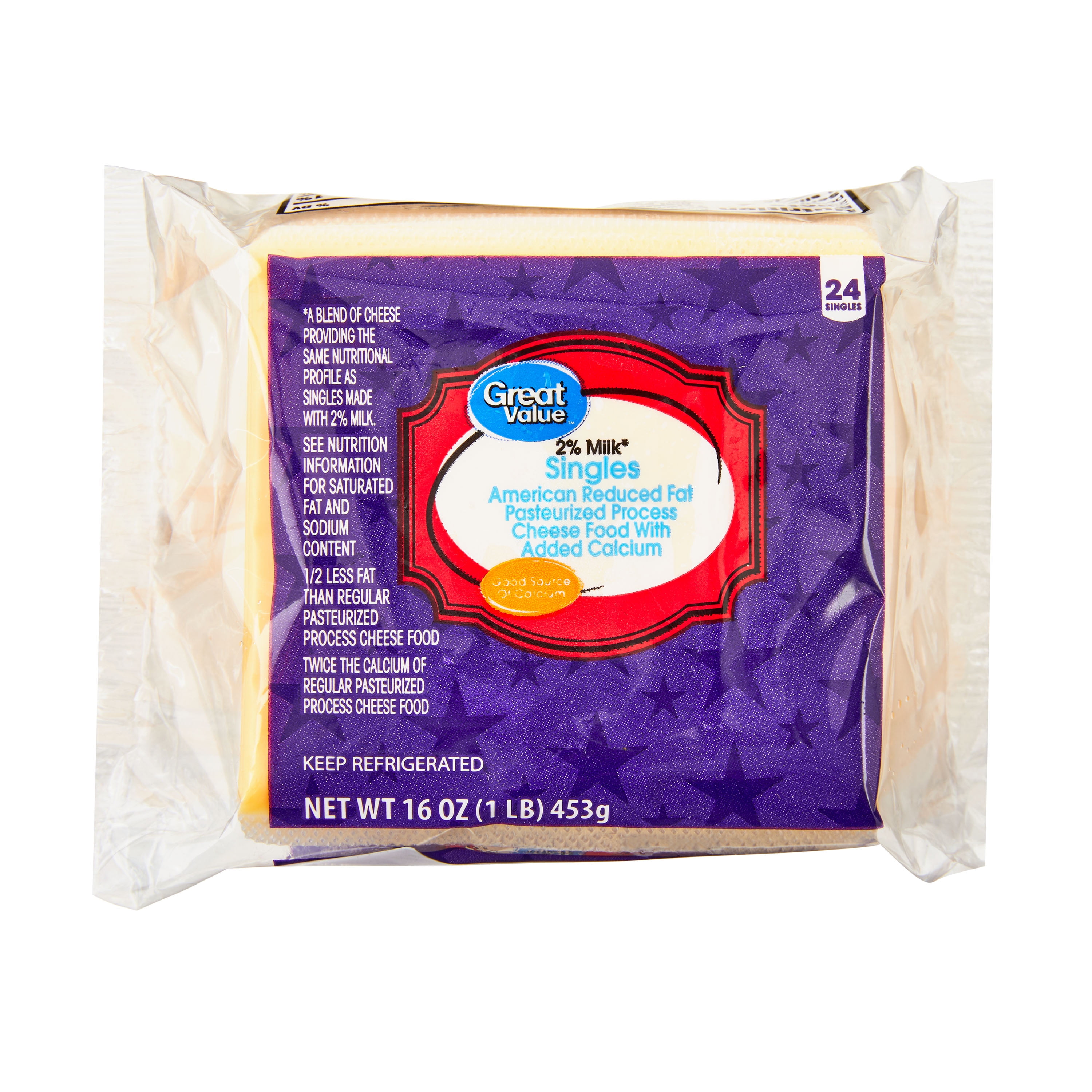 Great Value Individually Plastic Wrapped Singles Reduced Fat American Cheese Product, 16 oz, 24 Slices