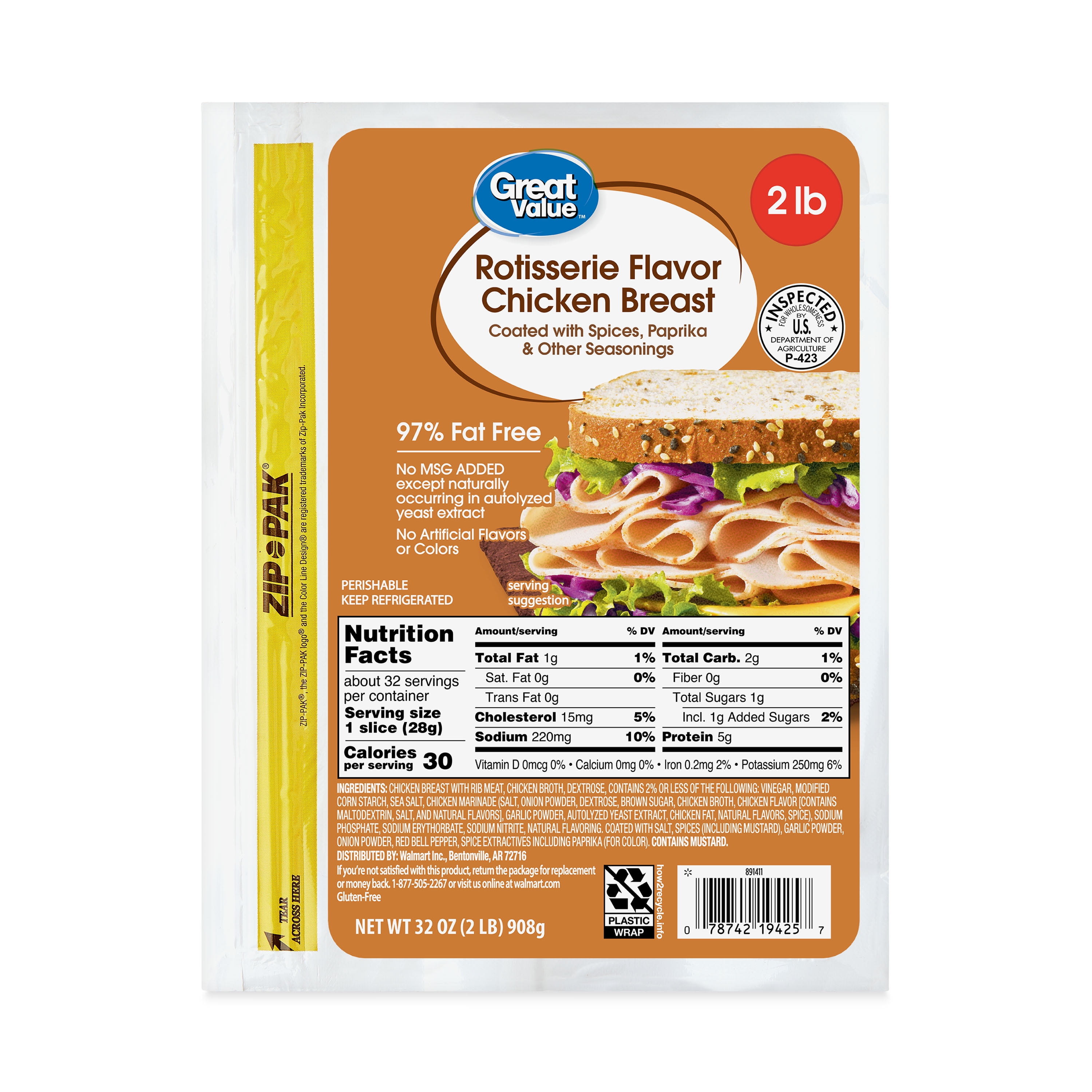 Great Value Rotisserie Flavor Chicken Breast, 32 oz Bag