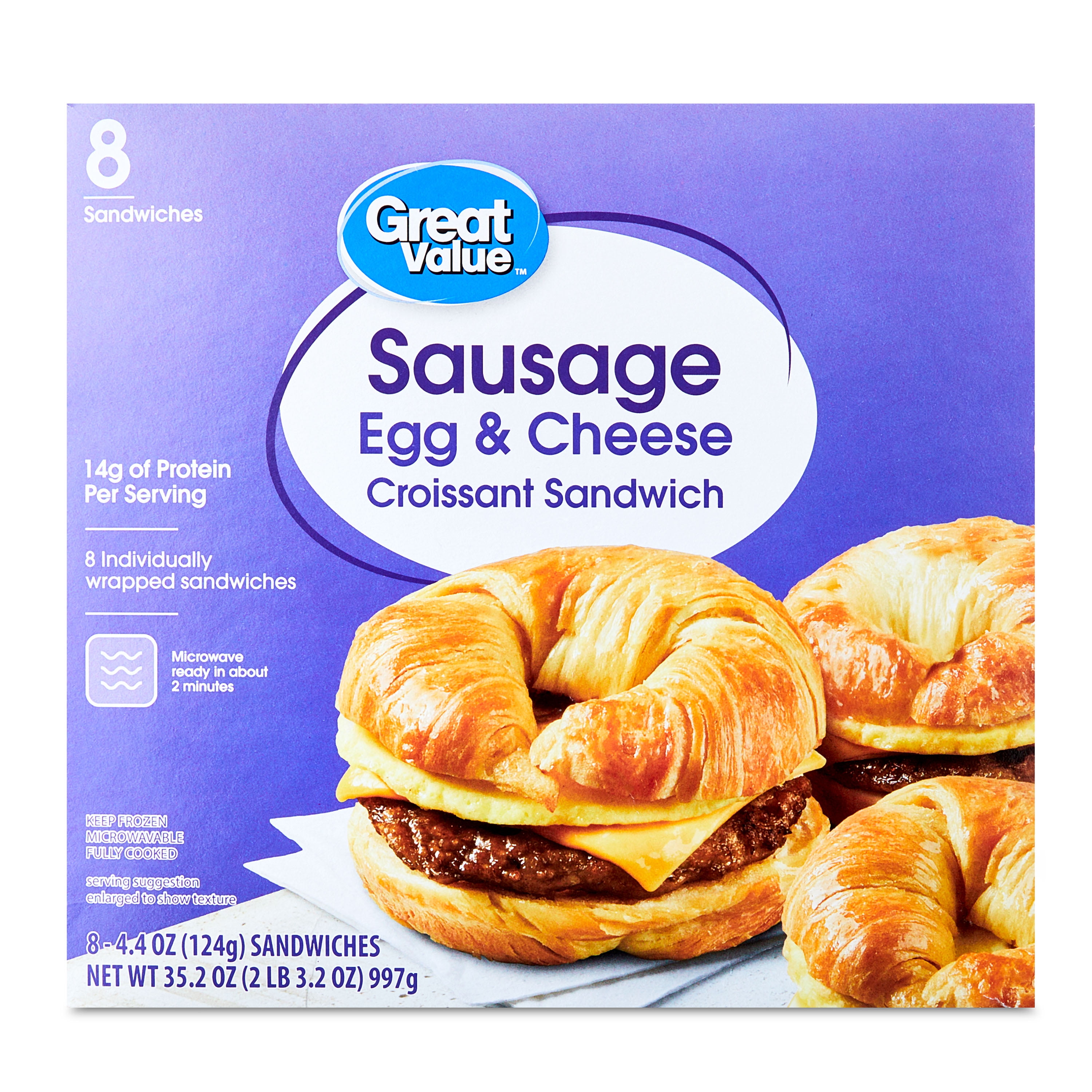 Great Value Frozen Croissant Sandwiches, Sausage Egg and Cheese, 4.4 oz, 8 Count