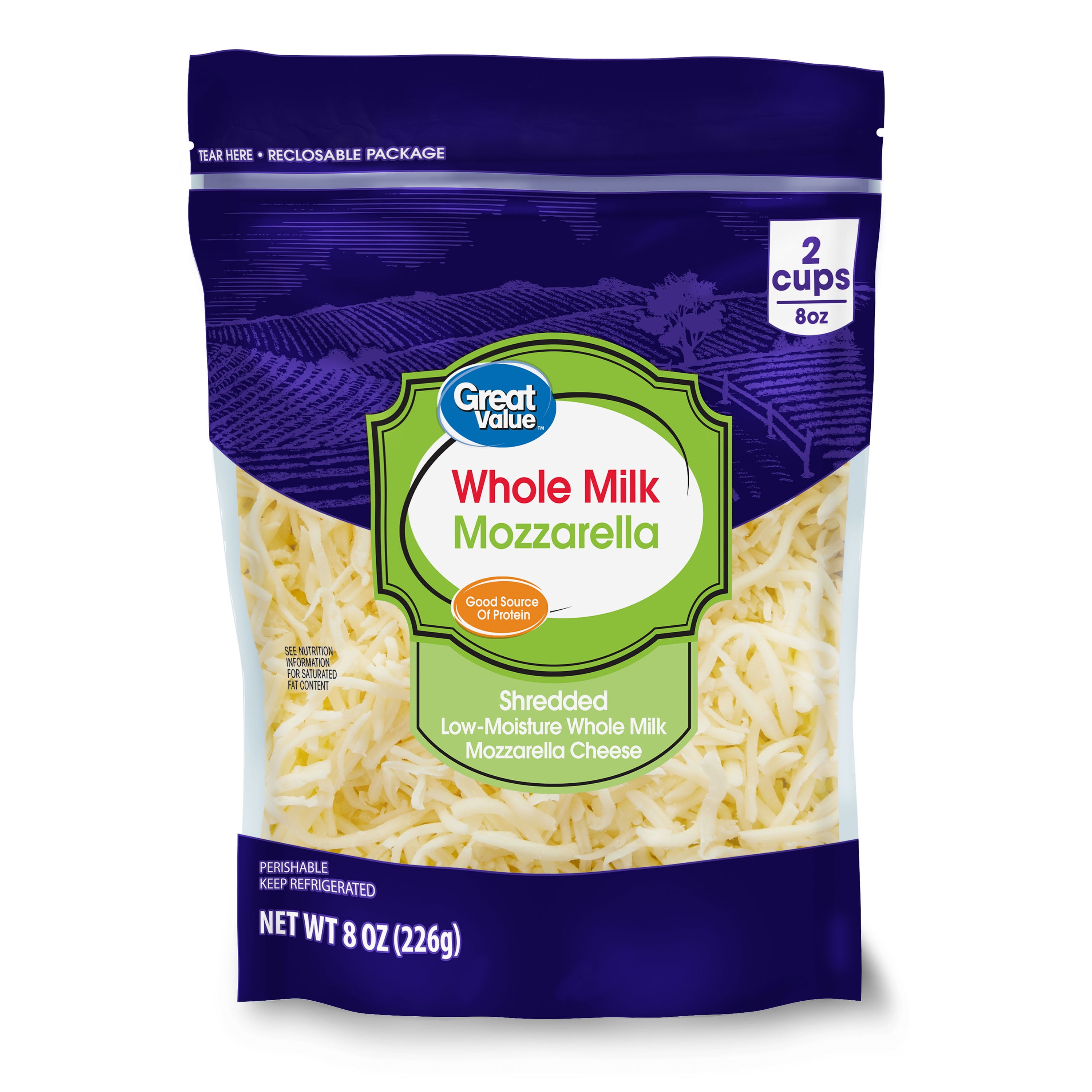 Great Value Whole Milk Low-Moisture Mozzarella Shredded Cheese, 8 oz Bag