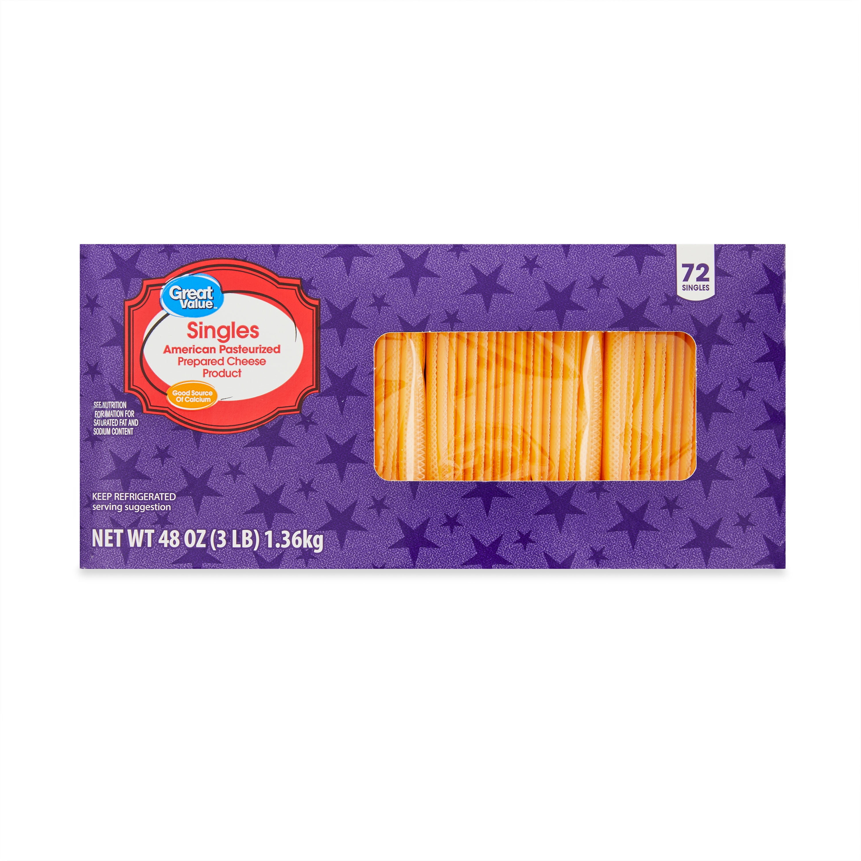 Great Value Singles, American Pasteurized Prepared Cheese Product, 48 oz, 72 Count
