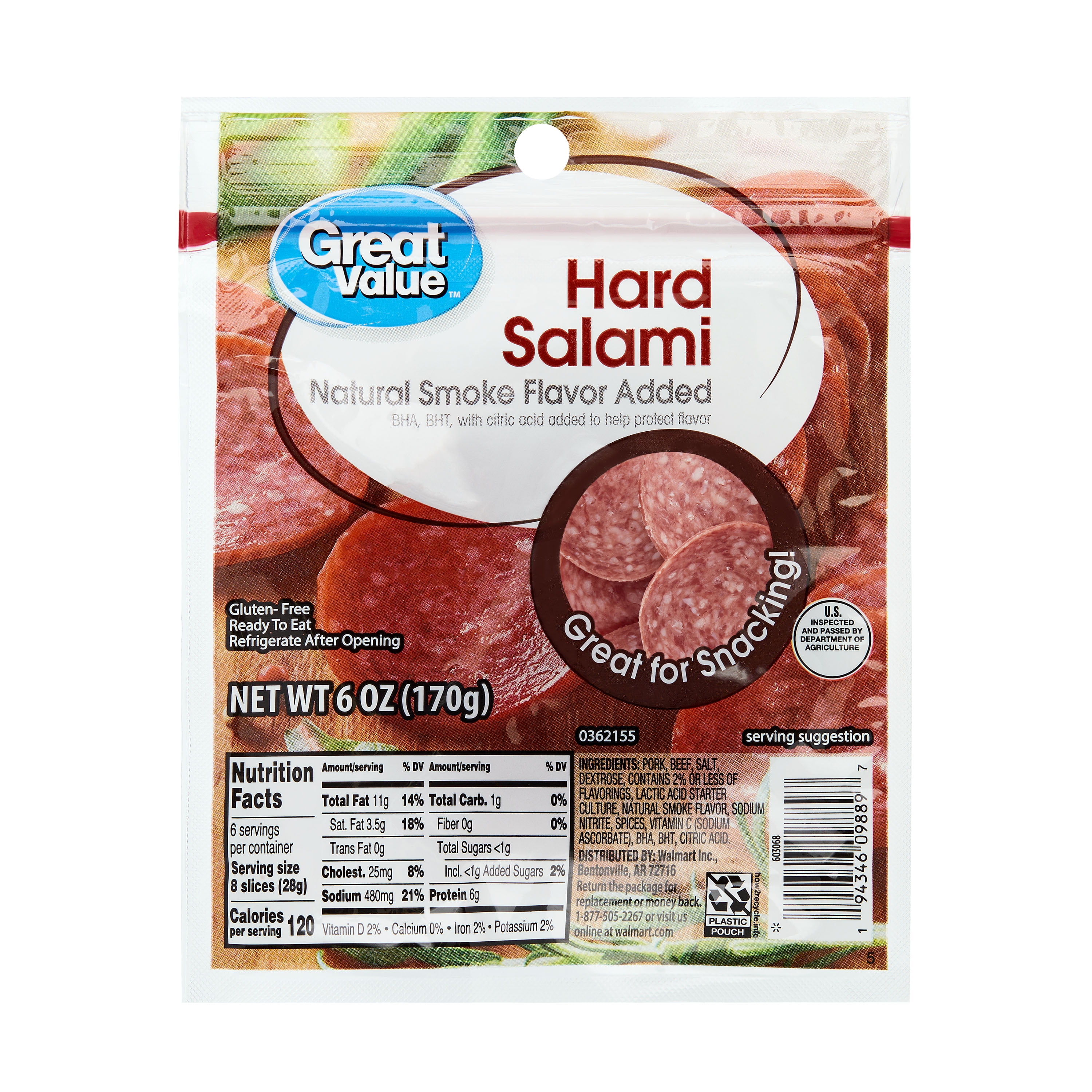 Great Value Sliced Hard Salami, 6 oz (Ready to Eat)