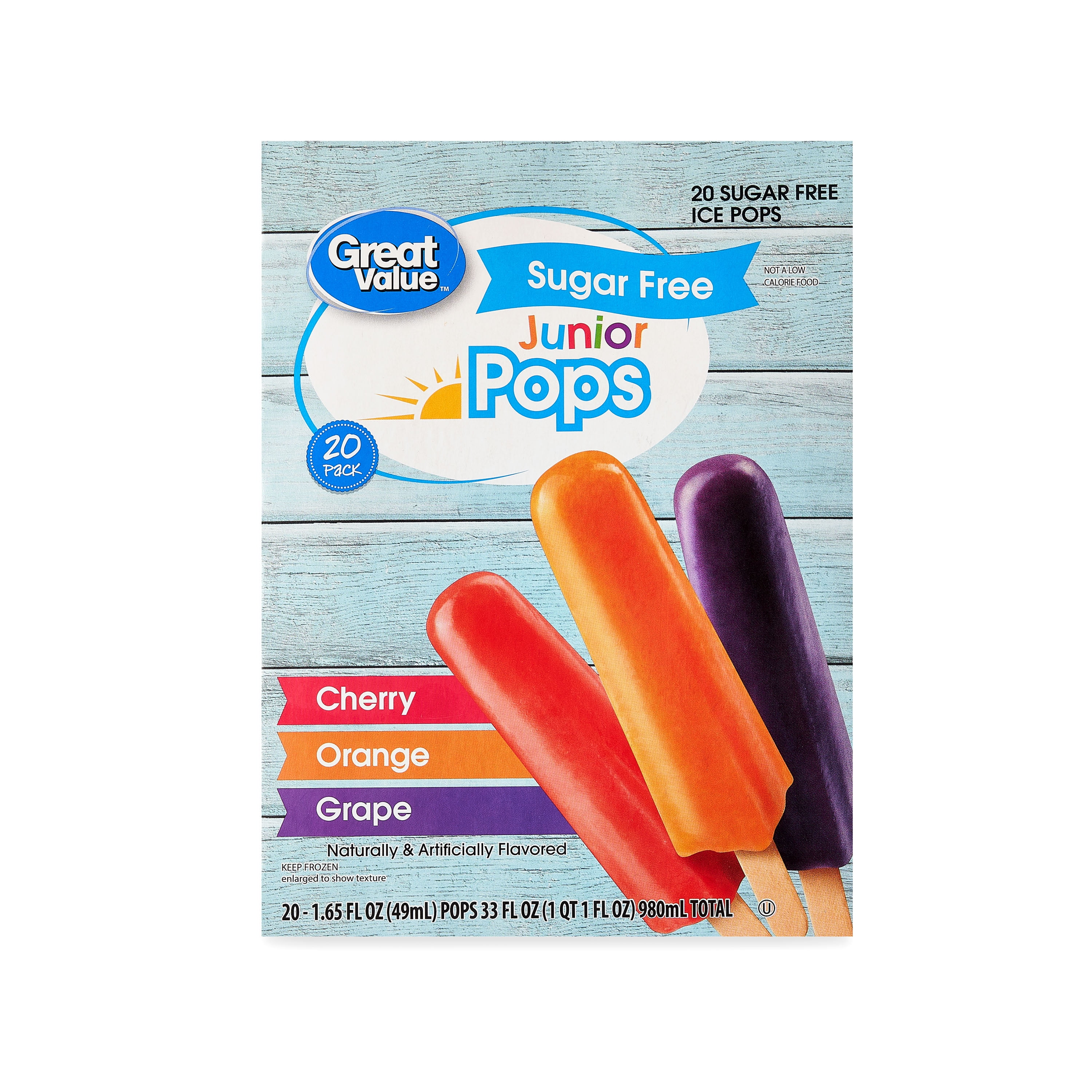 Great Value Sugar Free Variety Flavor Junior Ice Pops, 1.65 fl oz, 20 Pack (Frozen)