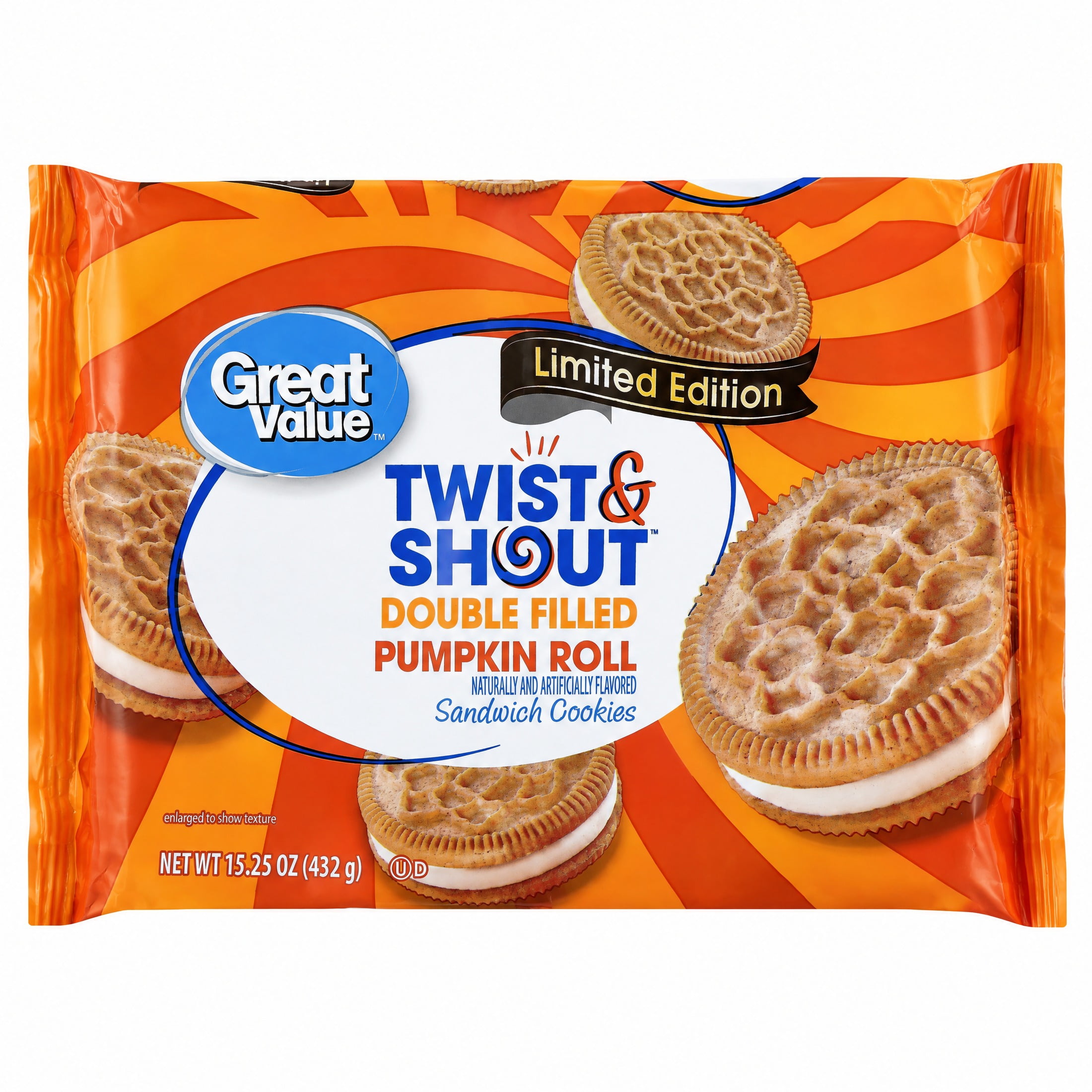 Great Value Twist & Shout Double Filled Pumpkin Roll Sandwich Cookies, 15.25oz