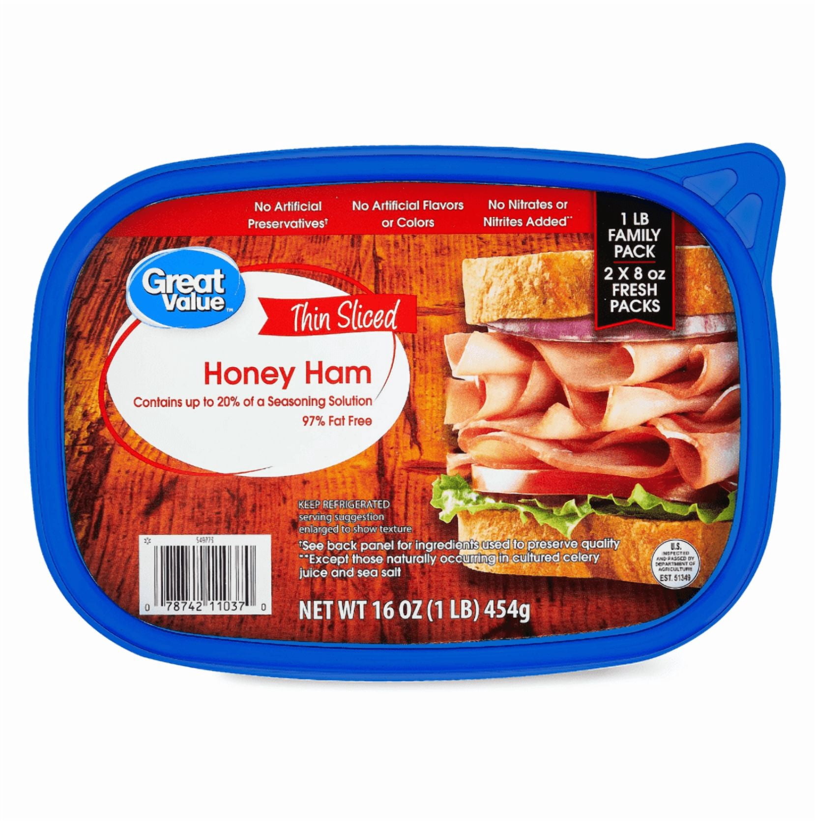 Great Value Thin Sliced Honey Ham Lunchmeat, Family Pack, 16 oz Plastic Tub, 10 g of Protein per 2 oz Serving