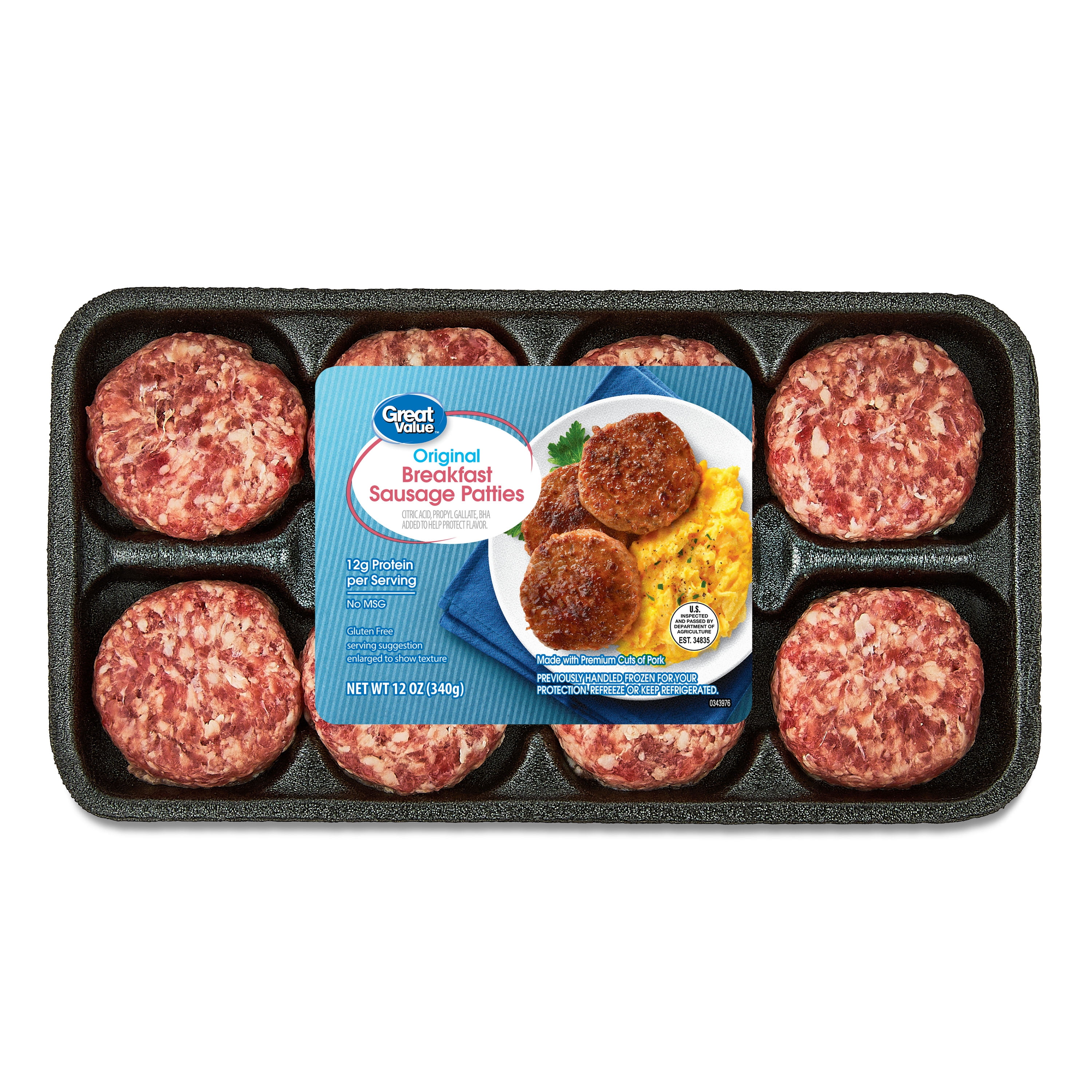 Great Value Uncooked Original Breakfast Pork Sausage Patties, 12 oz Package (Refrigerated)