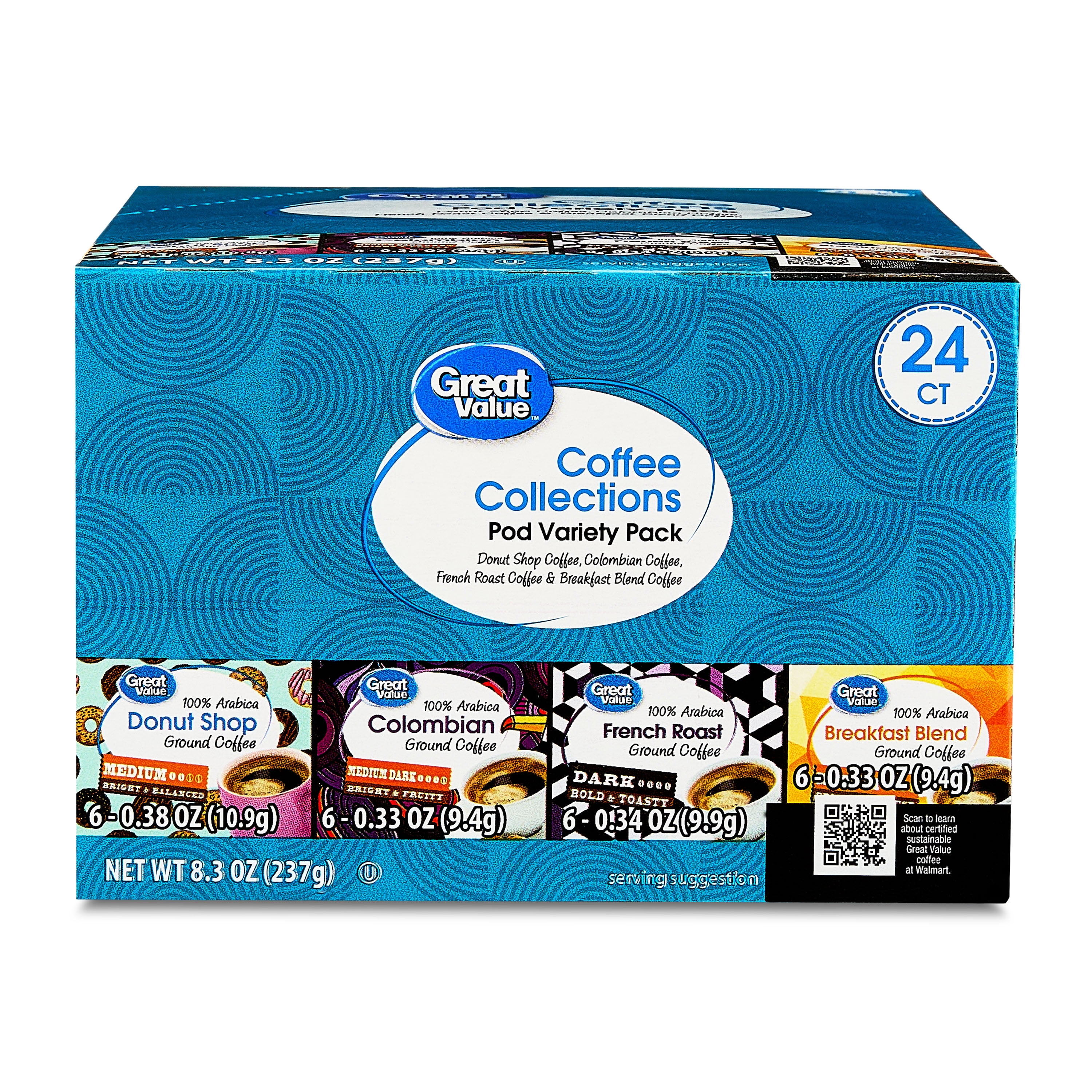 Great Value Unflavored Ground Coffee Pods Variety Pack, 8.3 oz, 24 Count