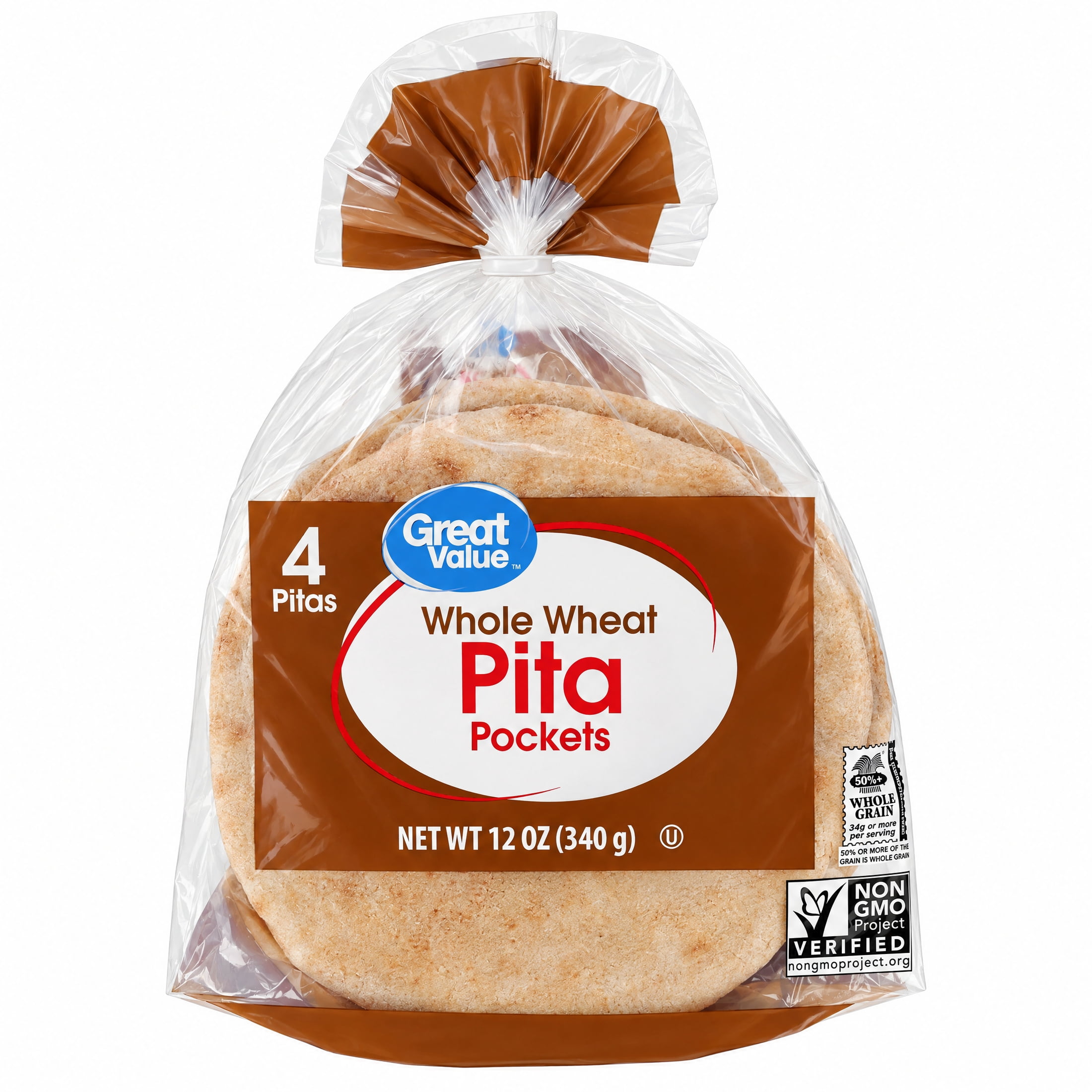 Great Value Whole Wheat Pita Pockets, 4 Pitas