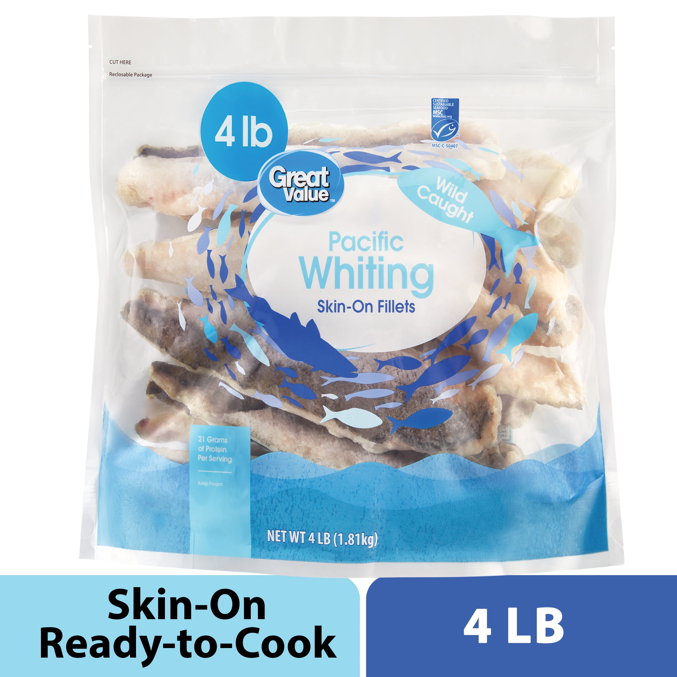 Great Value Wild Caught Pacific Whiting Fillets, Skin-on, Value Bag, 4 lbs (Frozen)