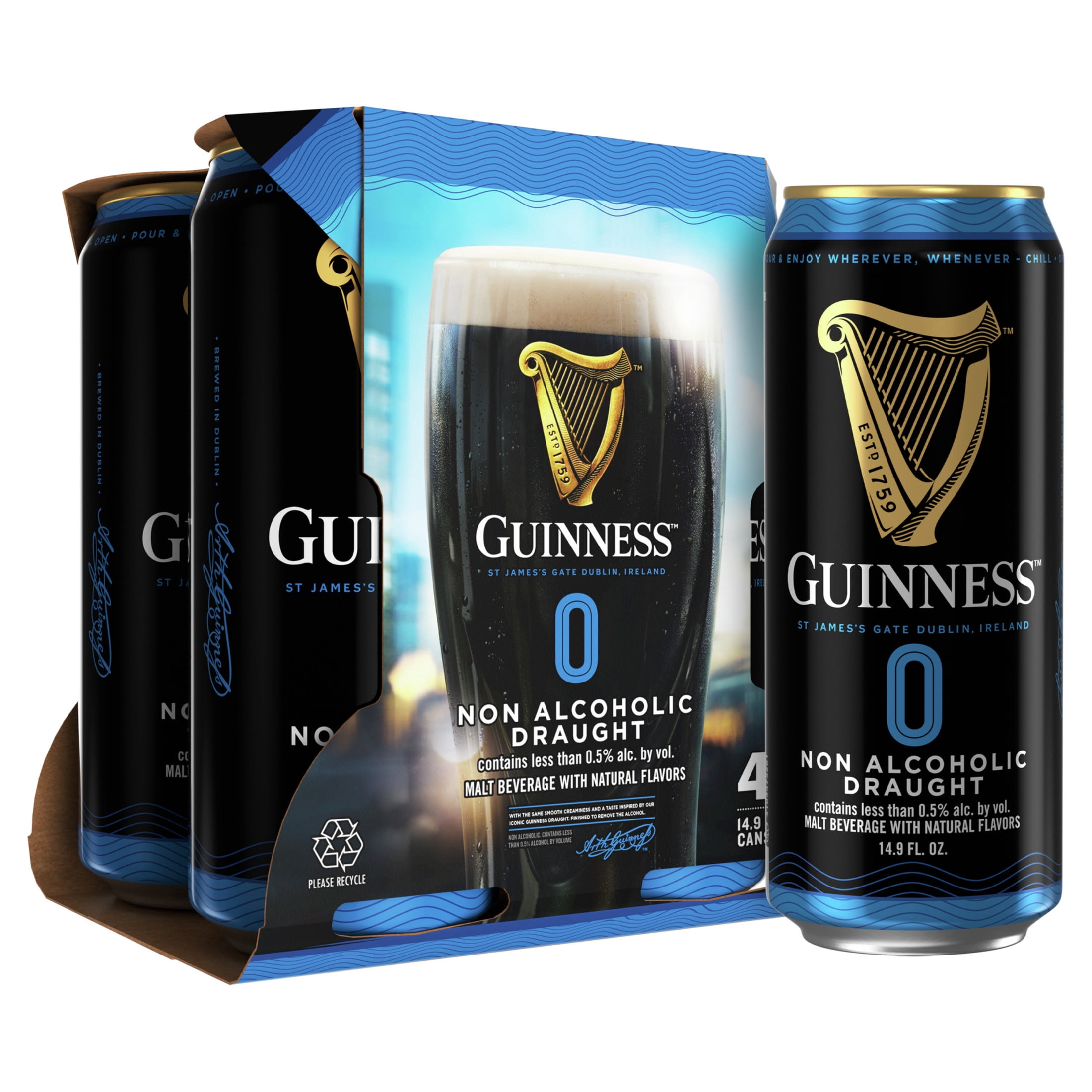 Guinness 0 Draught Non-Alcoholic Import Beer, 4 Pack, 14.9 fl oz Cans, less than 0.5% ABV