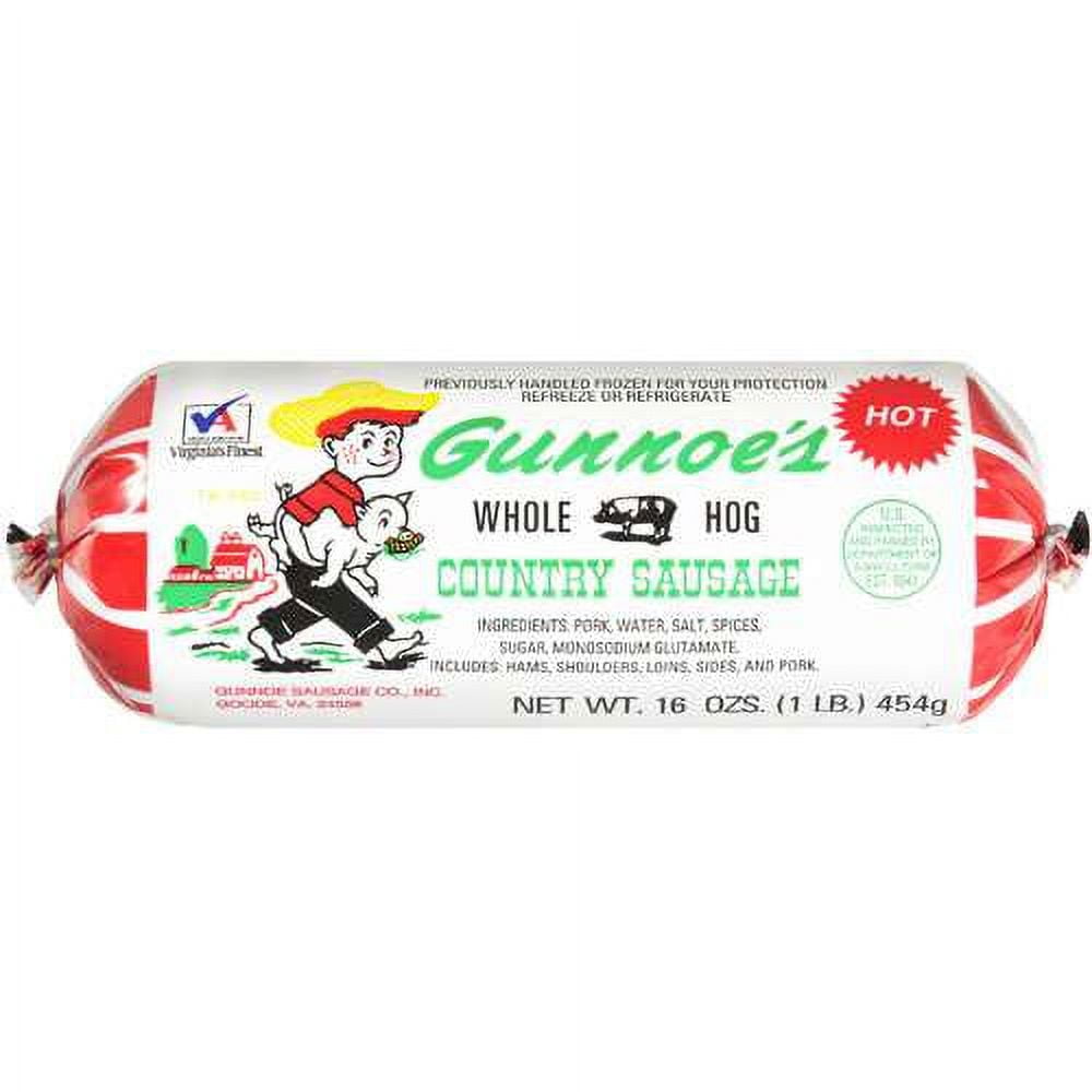 Gunnoe's Hot Country Pork Whole Hog Sausage Roll 16oz, Ready to Cook, Gluten Free, Plastic Package