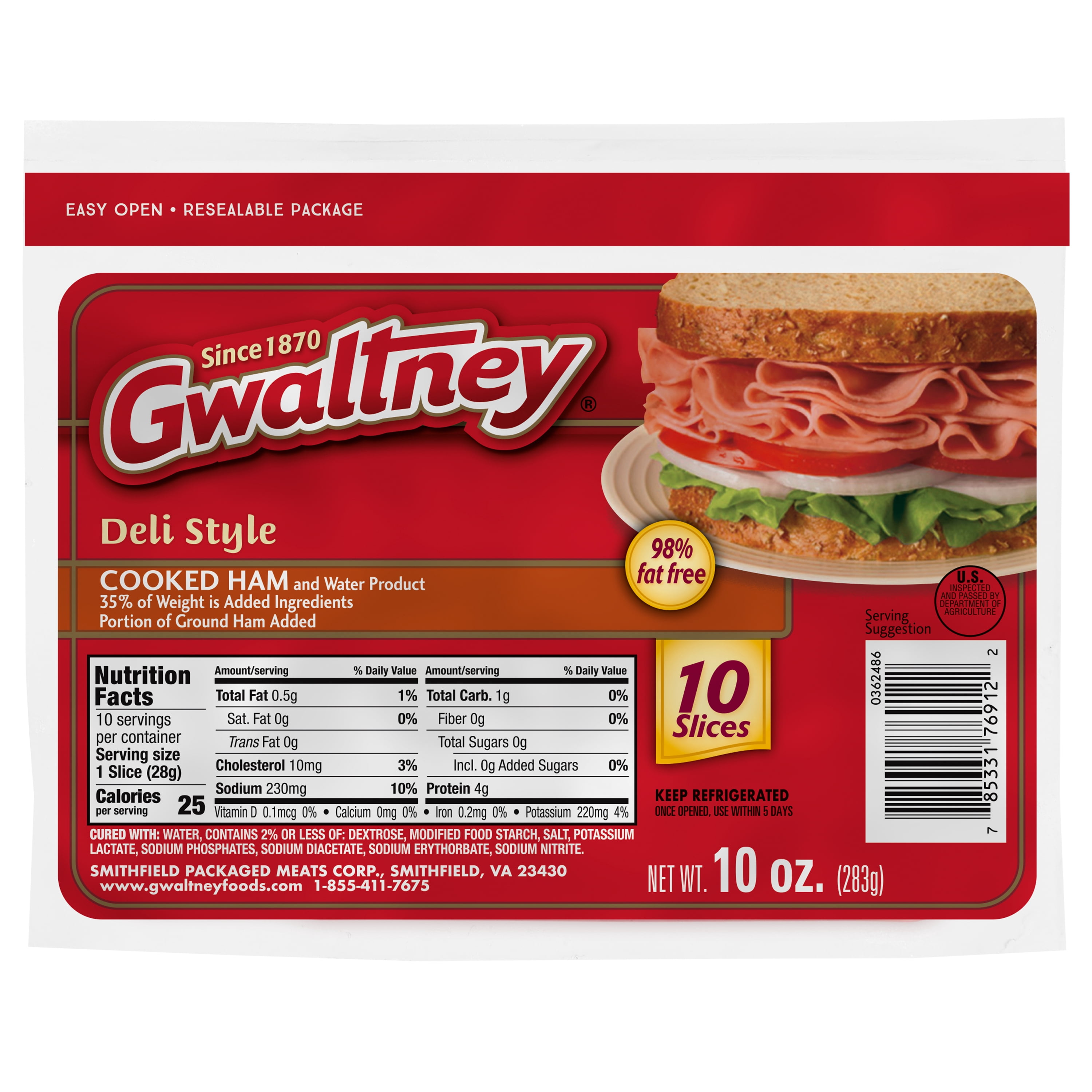 Gwaltney Sliced Cooked Ham in Resealable Plastic Package 10 oz