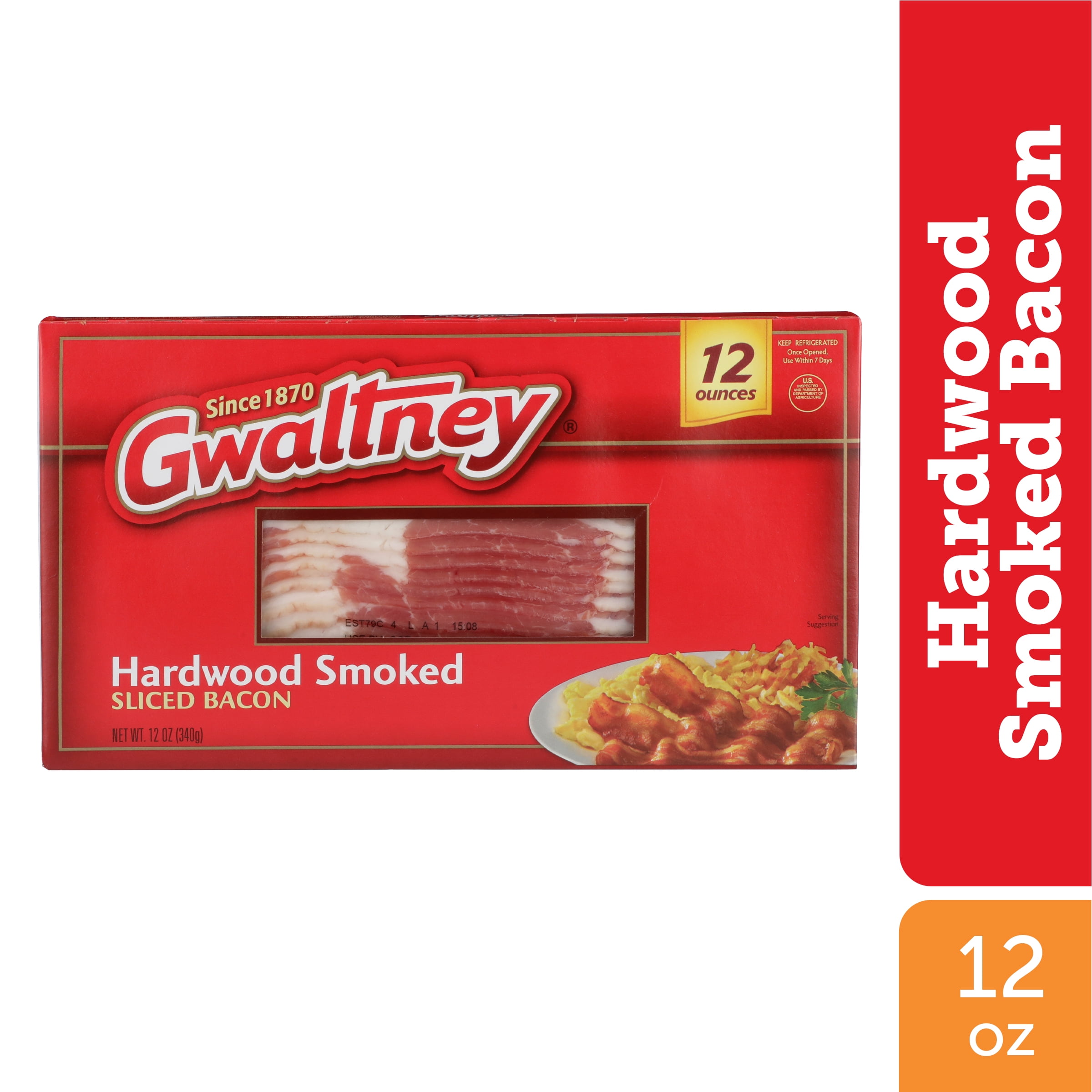 Gwaltney 12 oz Hardwood Smoked Bacon, No Allergens, Raw, Nitrate-Free