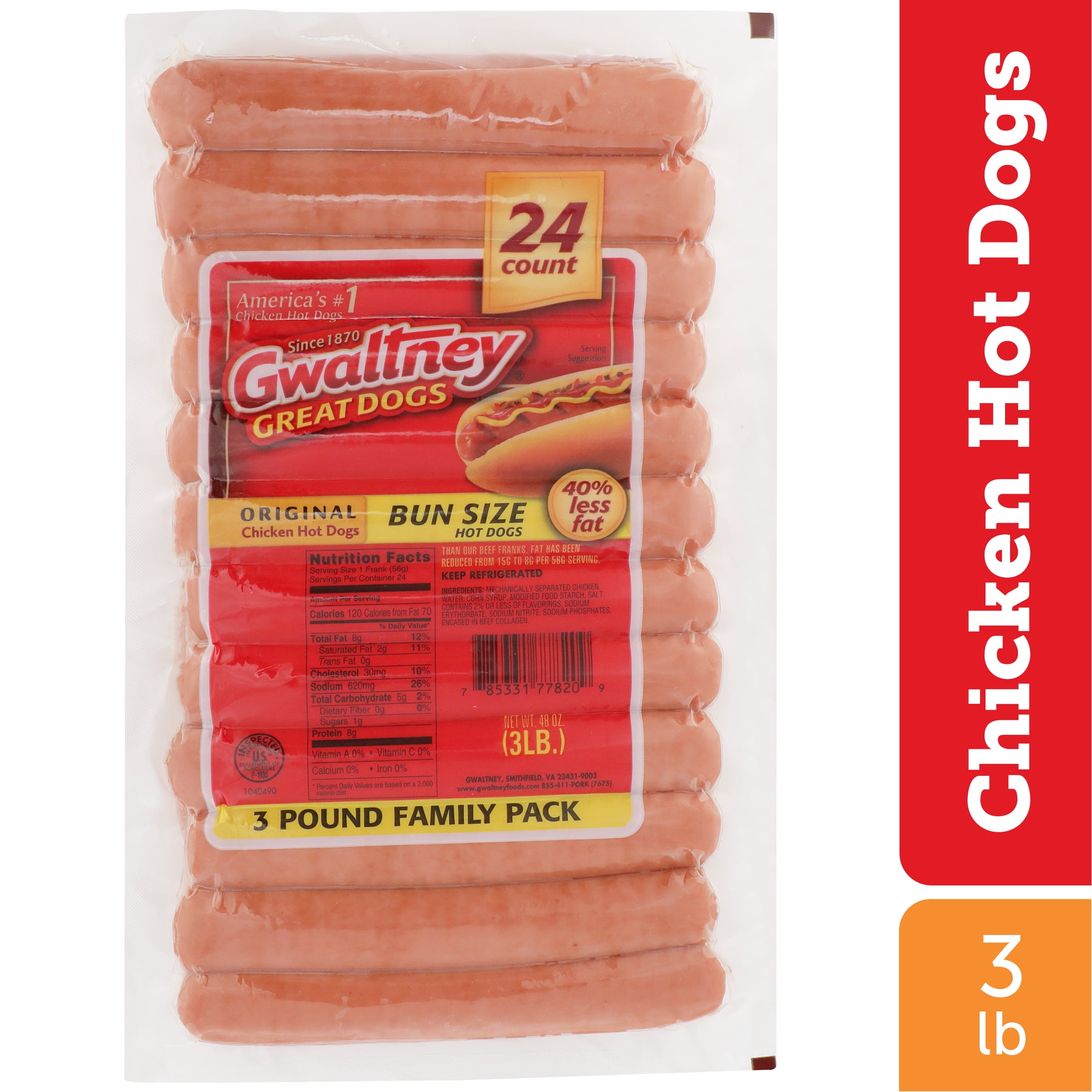 Gwaltney Original Fresh Chicken Hot Dogs Bun Size 3 lb