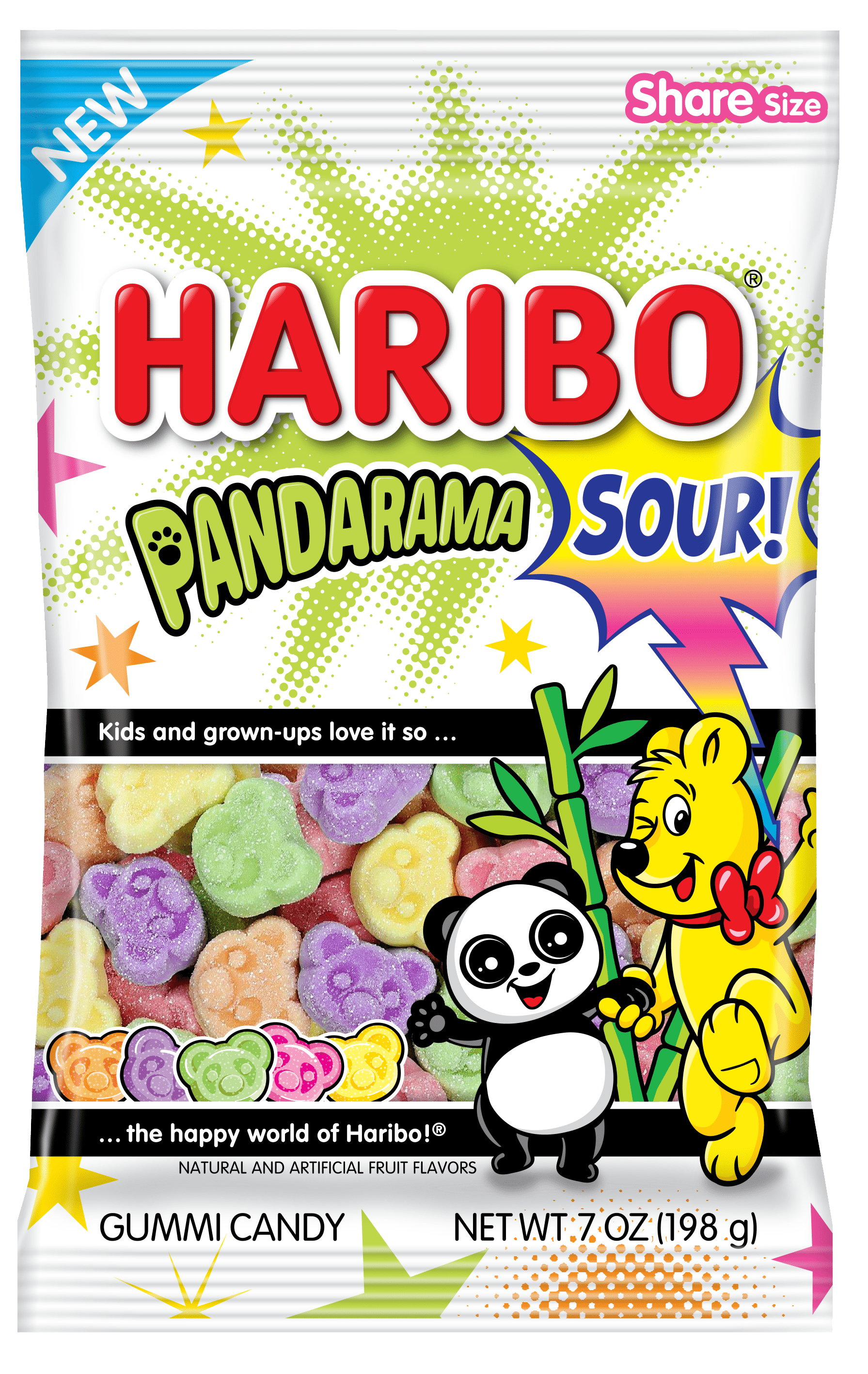 HARIBO Pandarama Sour Foam Gummy Panda Faces, Assorted Fruit Candy, 7oz Bag
