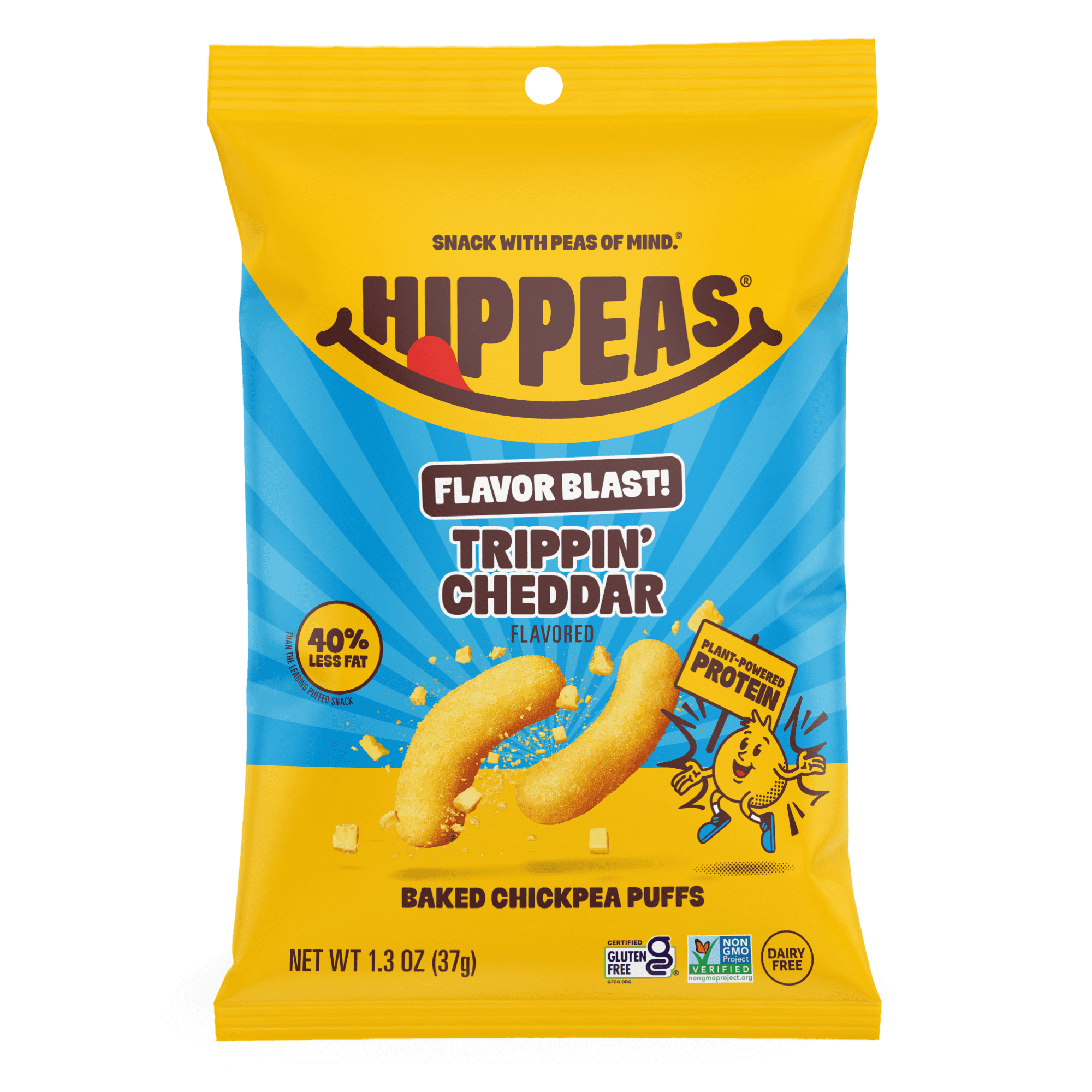 HIPPEAS Chickpea Puffs, Flavor Blast Trippin' Cheddar, Dairy Free, 4g Protein, 1.3 oz