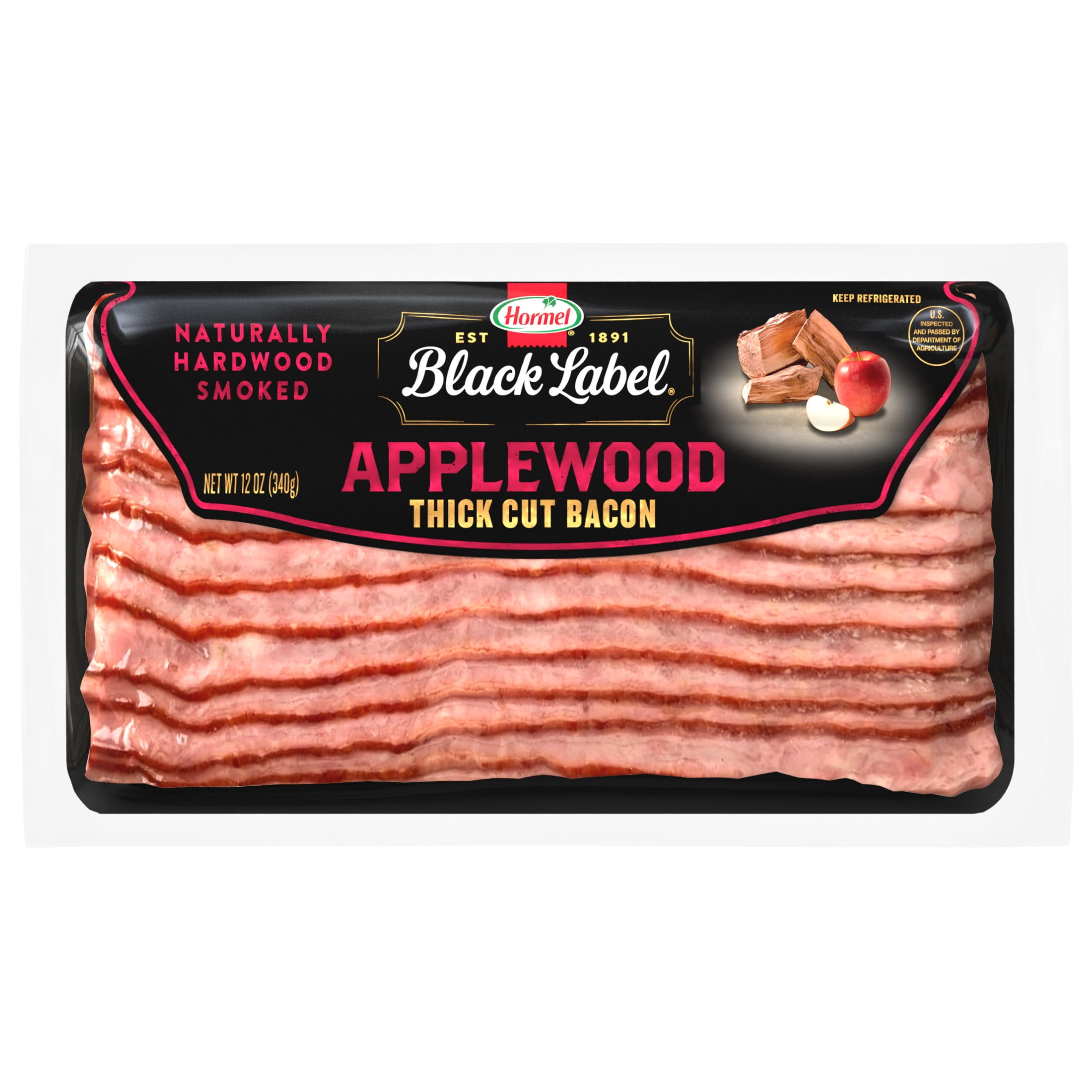 HORMEL BLACK LABEL Applewood Smoked Thick Cut Bacon, Gluten Free, Refrigerated, 12 oz Plastic Package