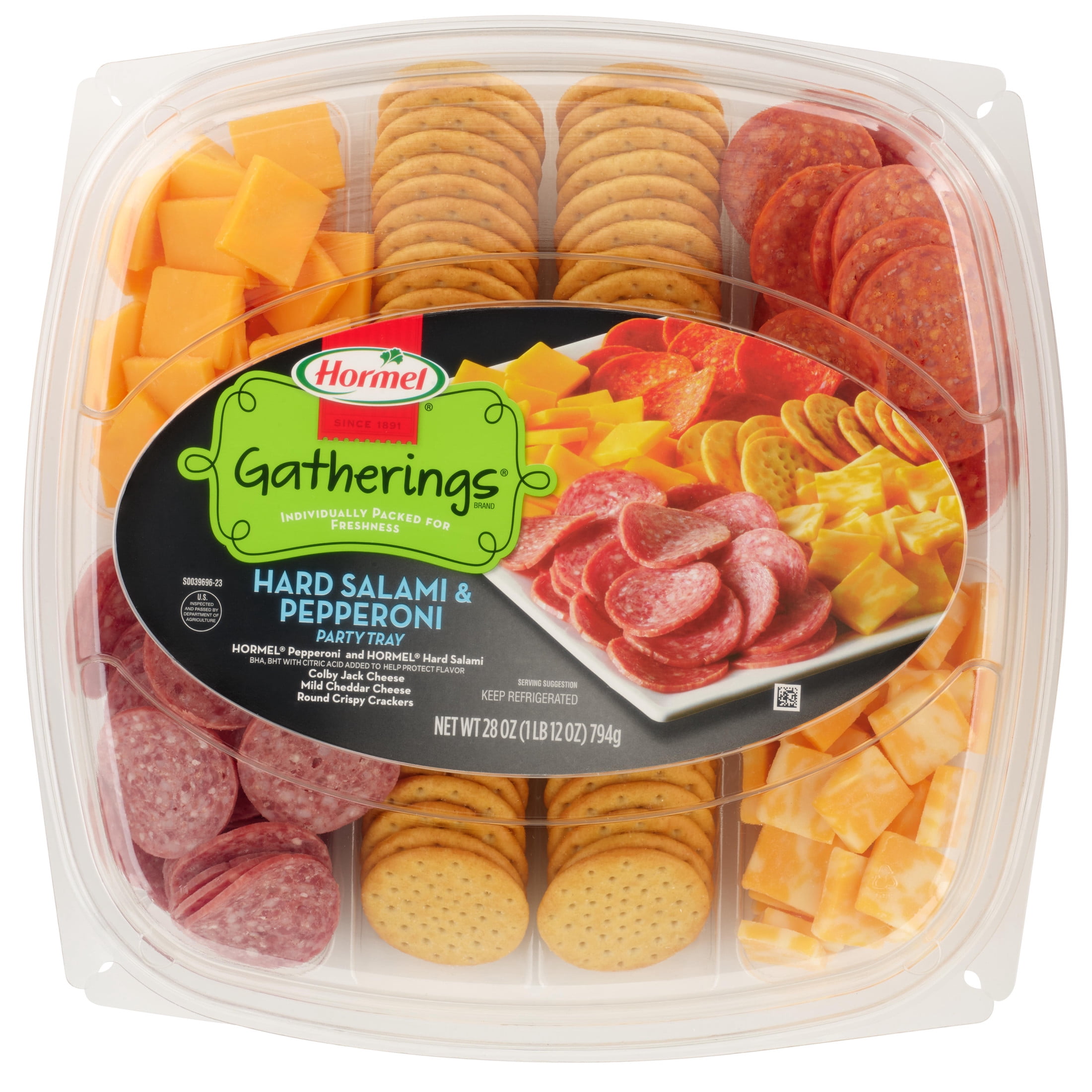 HORMEL GATHERINGS, Hard Salami and Pepperoni withCheese and Crackers, Refrigerated, 28 oz Plastic Tray