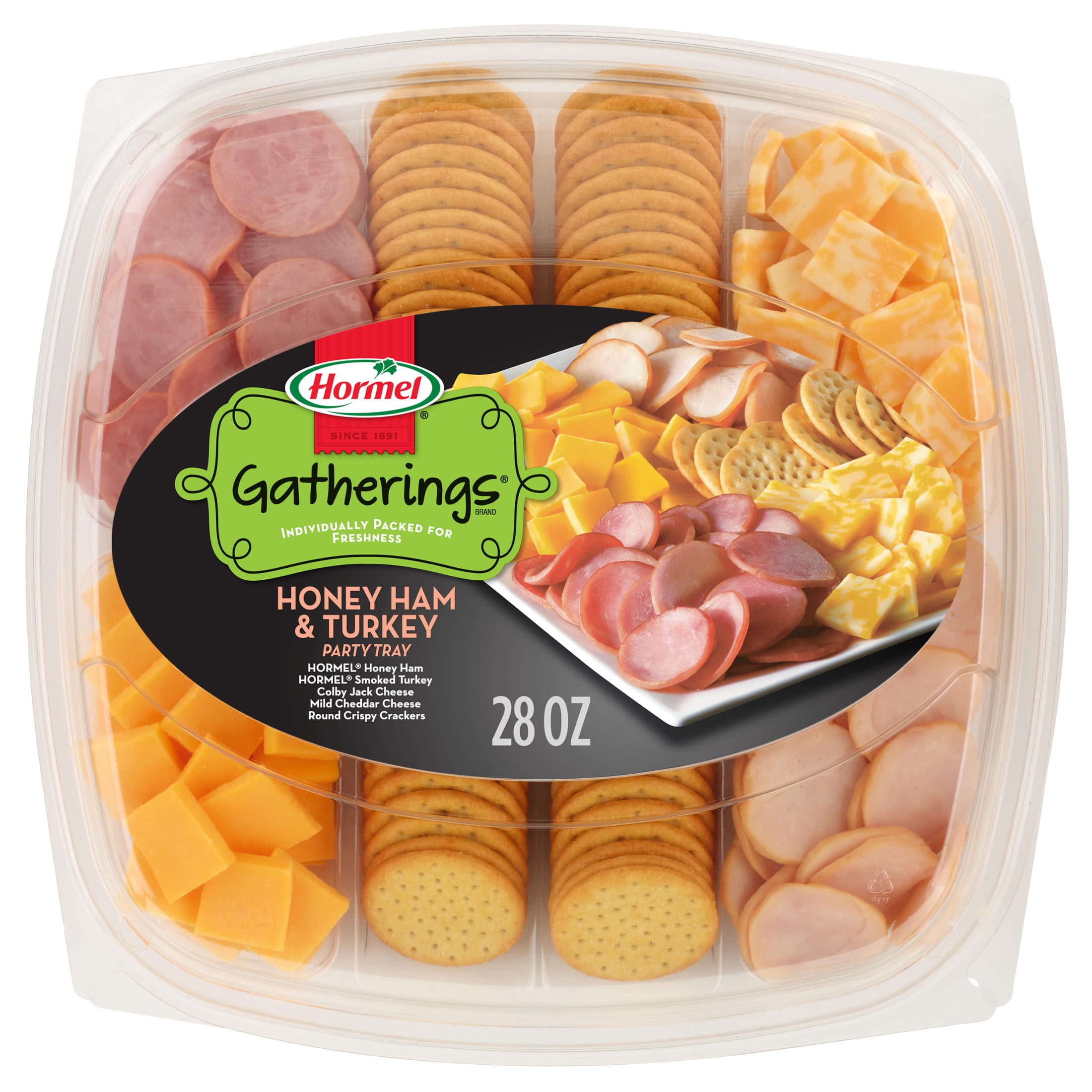 HORMEL GATHERINGS, Honey Ham and Turkey withCheese and Crackers, Deli Party, Refrigerated, 28 oz Plastic Tray