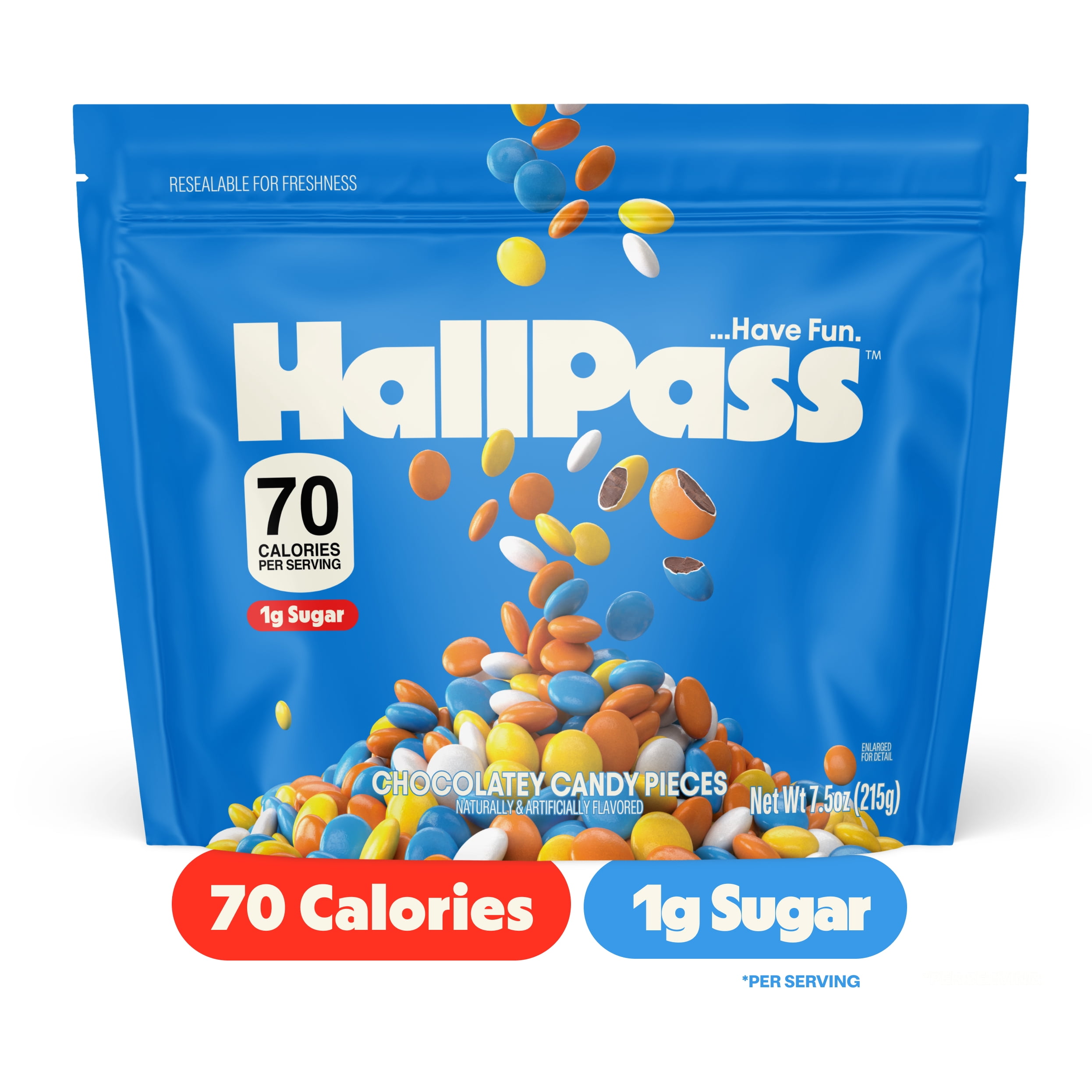 HallPass Chocolatey Candy Pieces Sharing Size, 7.5 oz Bite-Sized Chocolatey Candy, 70 Calories and 1g Sugar per Serving