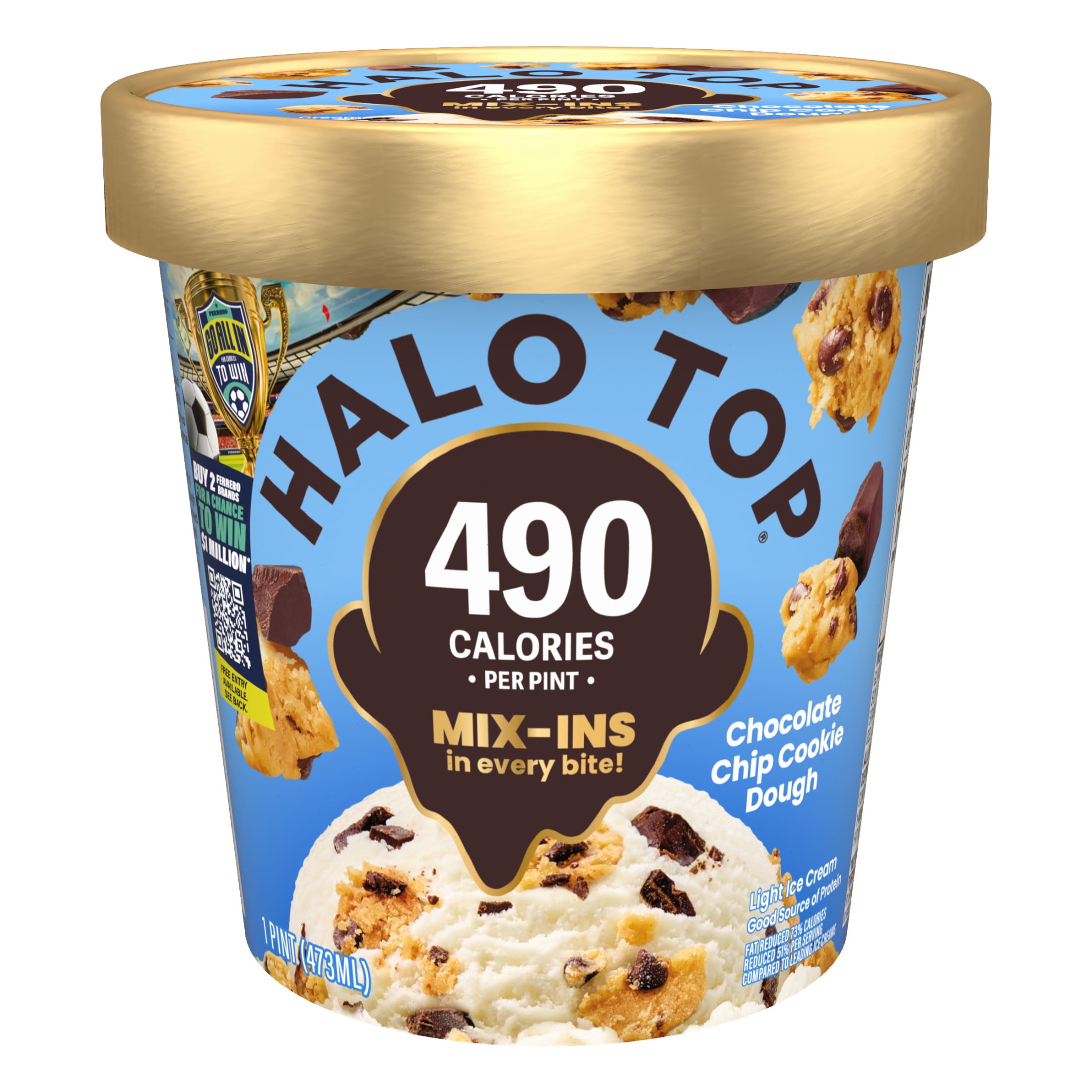 Halo Top Chocolate Chip Cookie Dough Light Ice Cream, Lower Calorie Frozen Dessert Pint, 16 fl oz