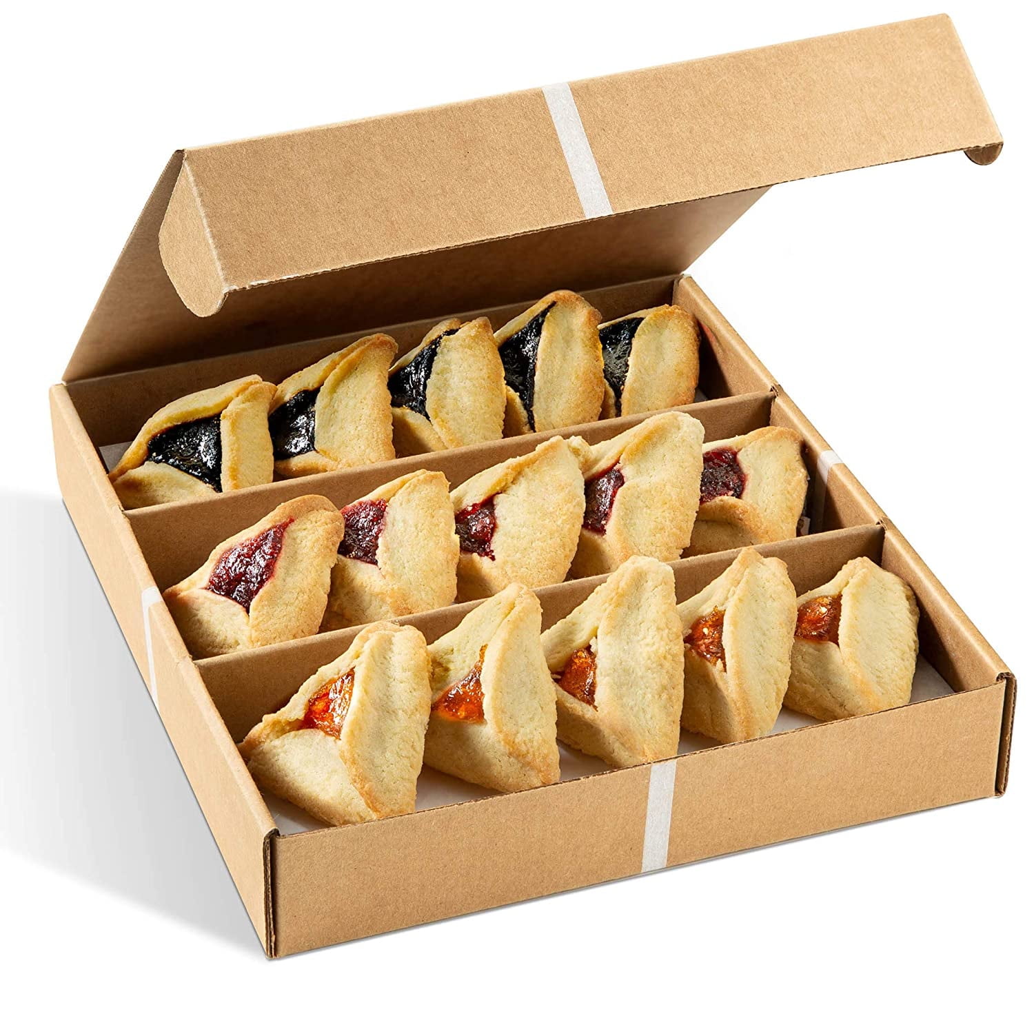 Hamentashen Cookies | Purim Cookies | Shortbread Cookies Gift Basket | 12 Individually Wrapped Hamentaschen 3 Flavors Raspberry, Apricot & Prune | Mishloach Manot Kosher | Nut Free | Sterns Bakery