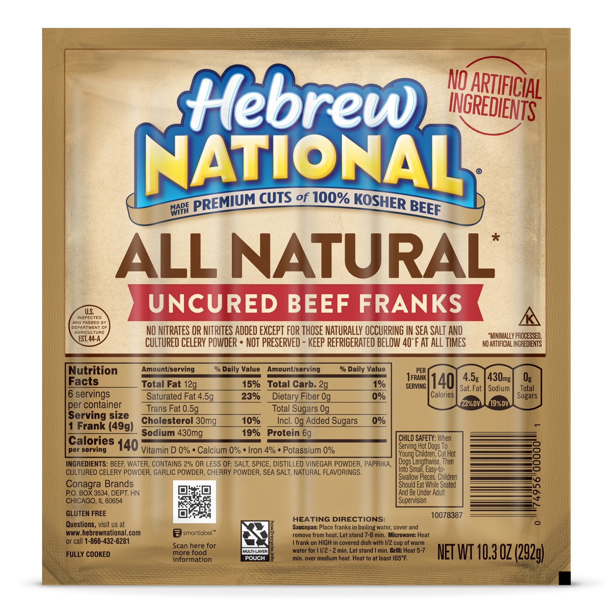 Hebrew National All Natural* Uncured Beef Franks, Hot Dogs, 10.3 oz., 6 Count Pack