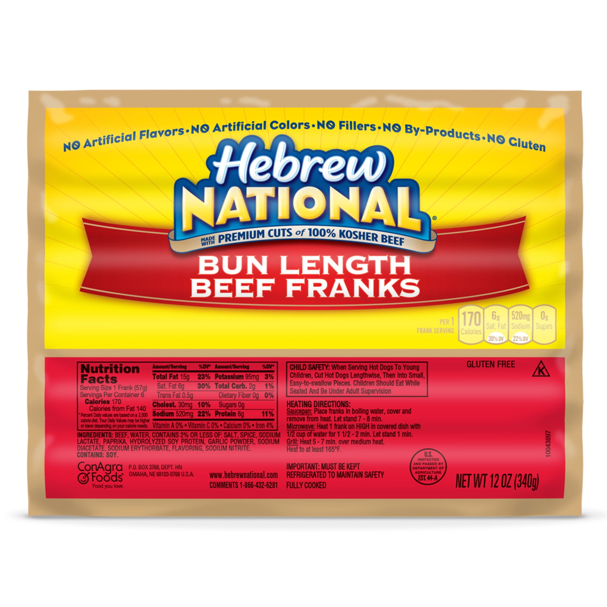 Hebrew National Bun Length Beef Franks, 12 oz, 6 Count