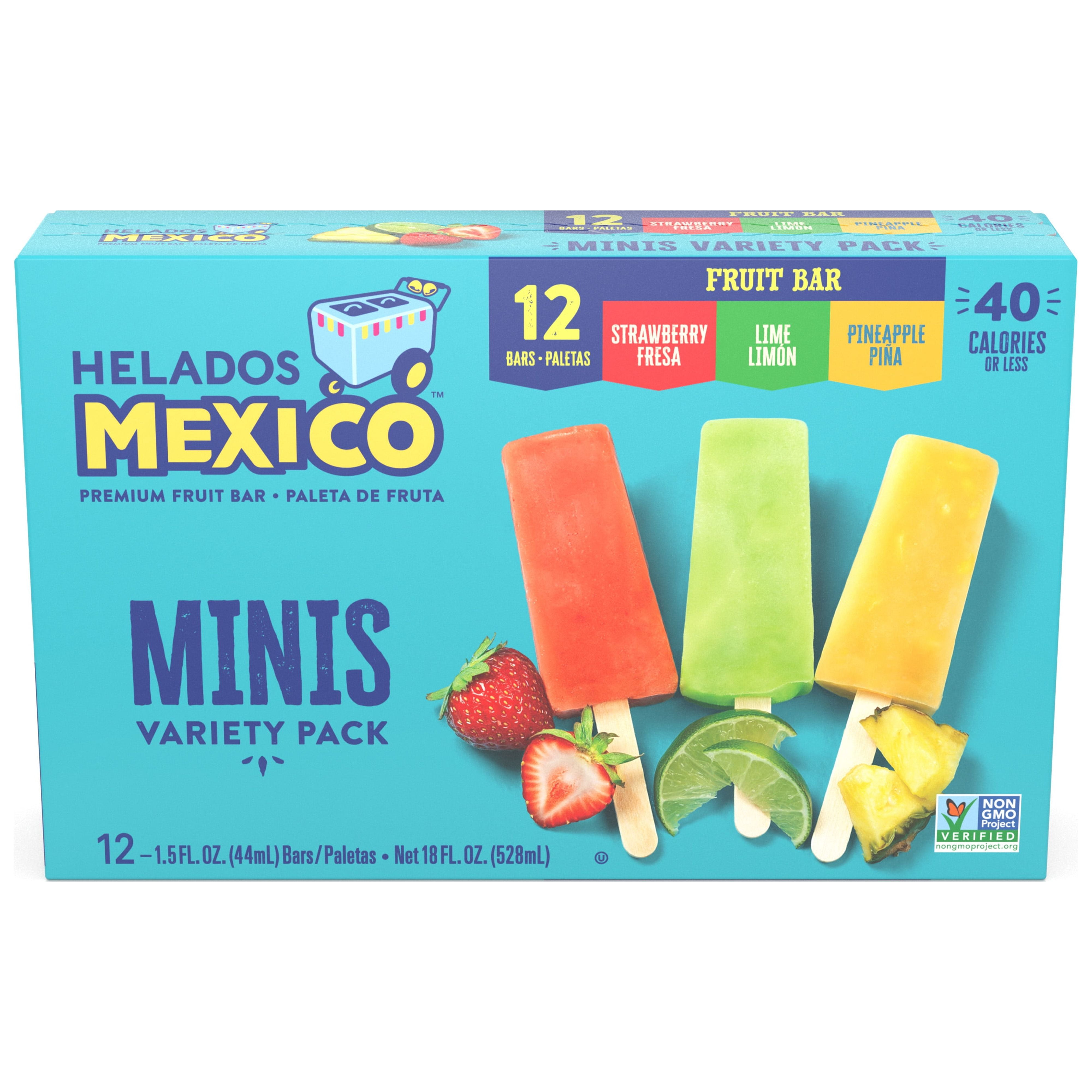 Helados Mexico Strawberry, Lime, and Pineapple Mini Fruit Bars, Variety Pack, 12 Count