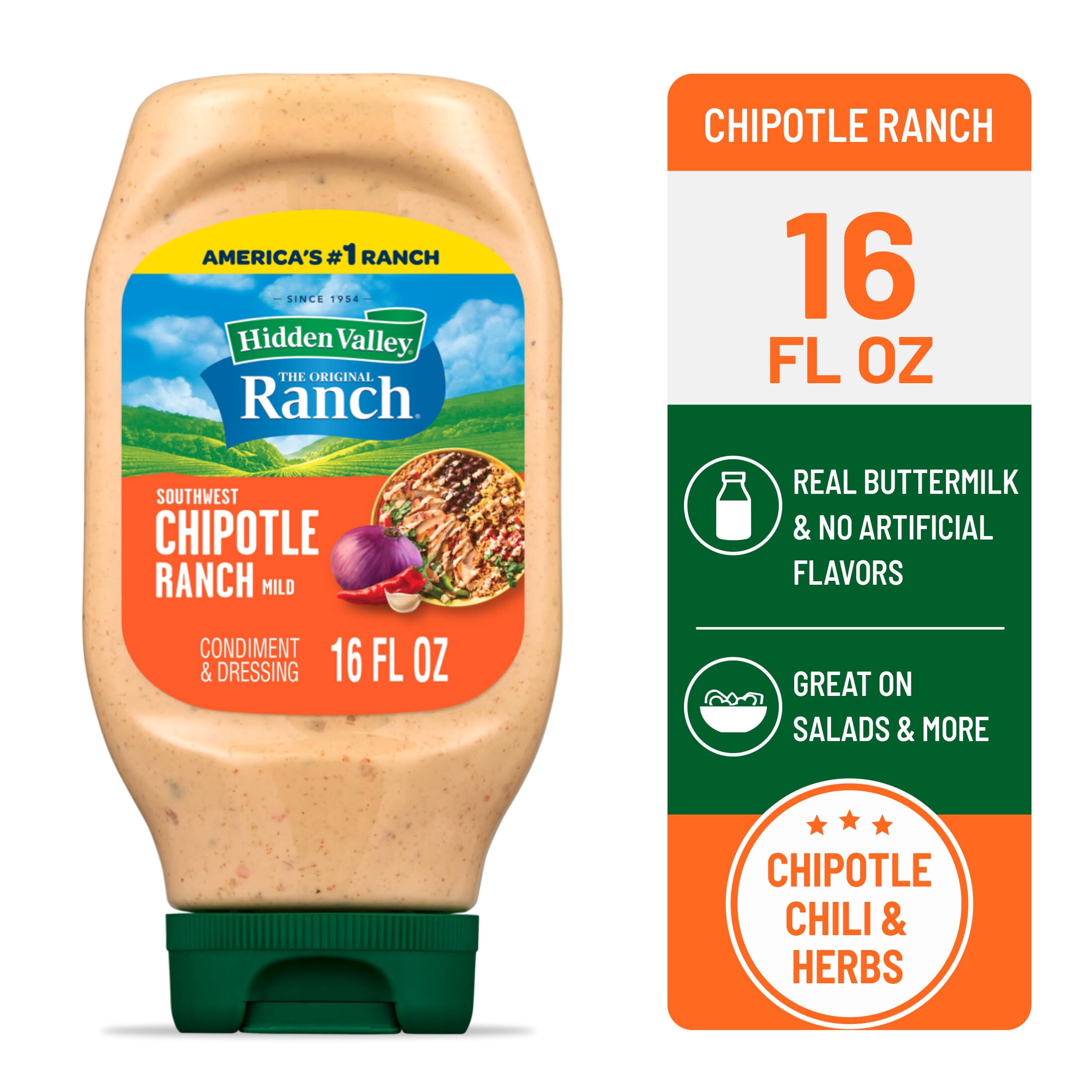 Hidden Valley Southwest Chipotle Ranch Salad Dressing & Condiment, 16 fl oz Squeeze Bottle