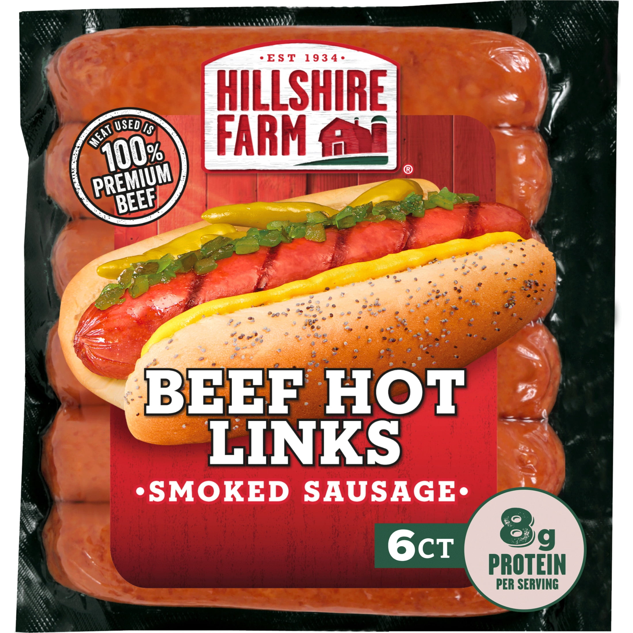 Hillshire Farm Beef Hot Smoked Sausage Links with Spicy Red Pepper, 12 oz, 6 Count