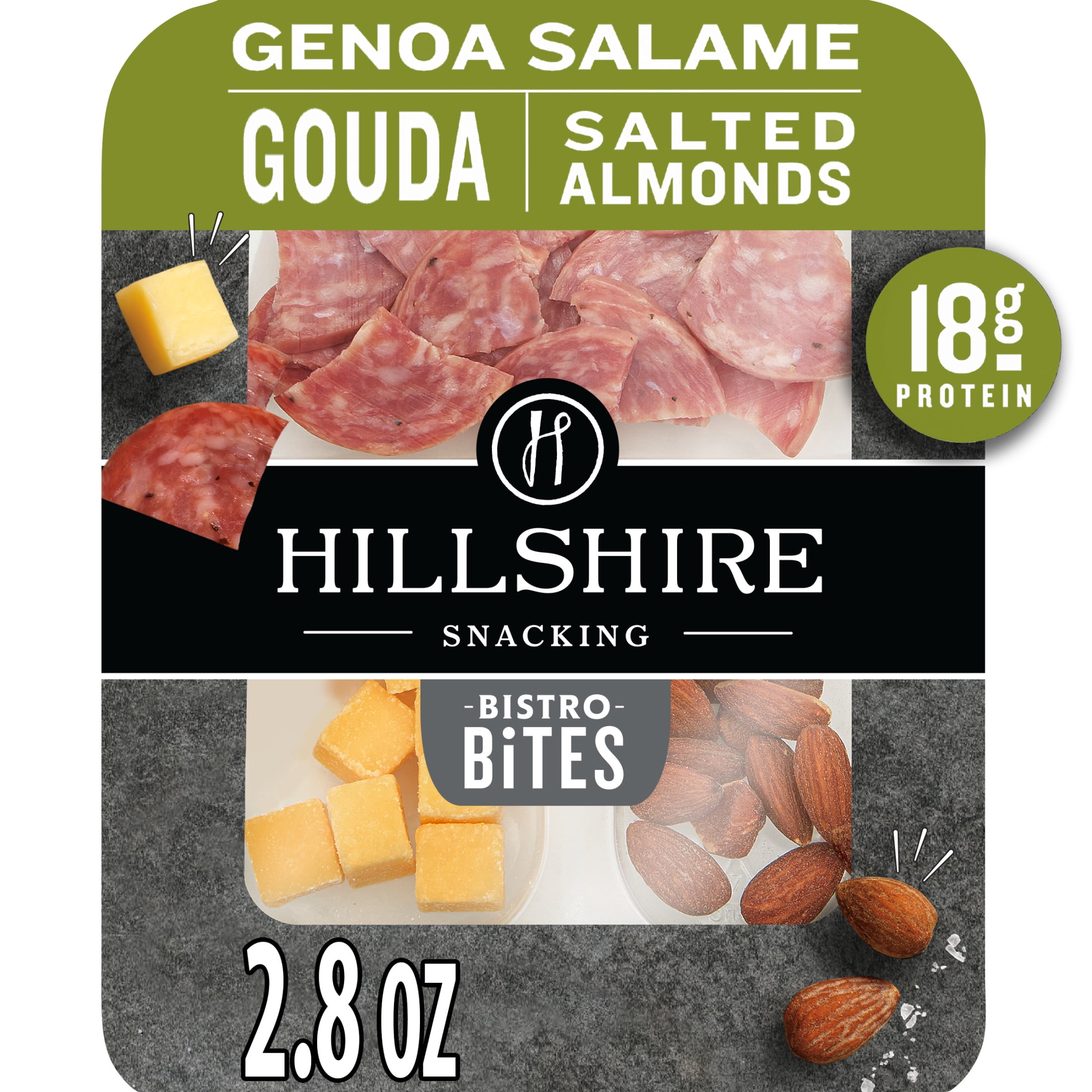 Hillshire Snacking Sliced Refrigerated Snack Boxes, 2.8 oz, Protein Bistro Bites, Genoa Salami, Gouda Cheese & Salted Almonds, Snack Pack