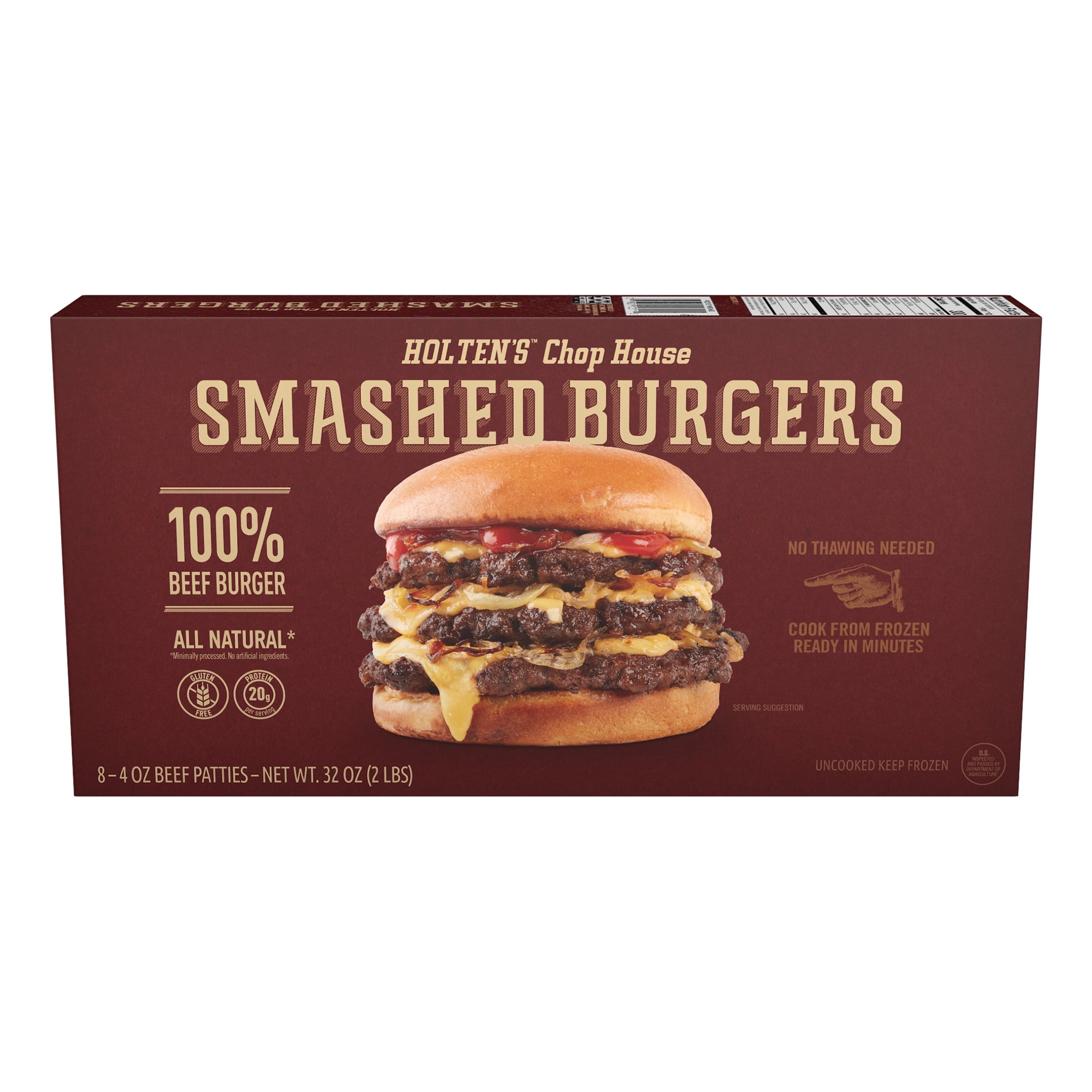 Holten's Chop House 100% Beef Smashed Burgers, 8 Count, 4oz Smash Burgers, 2lb (Frozen)