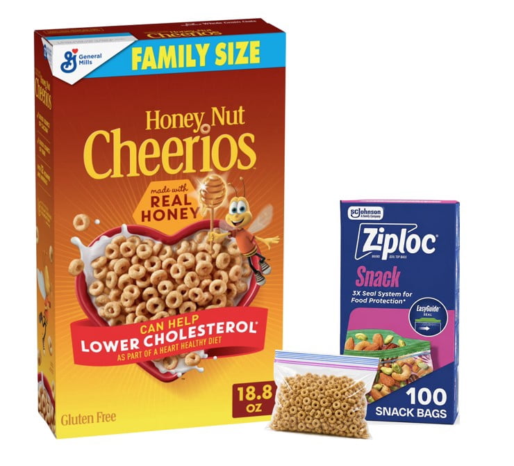 Honey Nut Cheerios 18.8oz + Ziploc Snack Bags 100 Count Breakfast & Snack Prep Bundle, 2-Pack