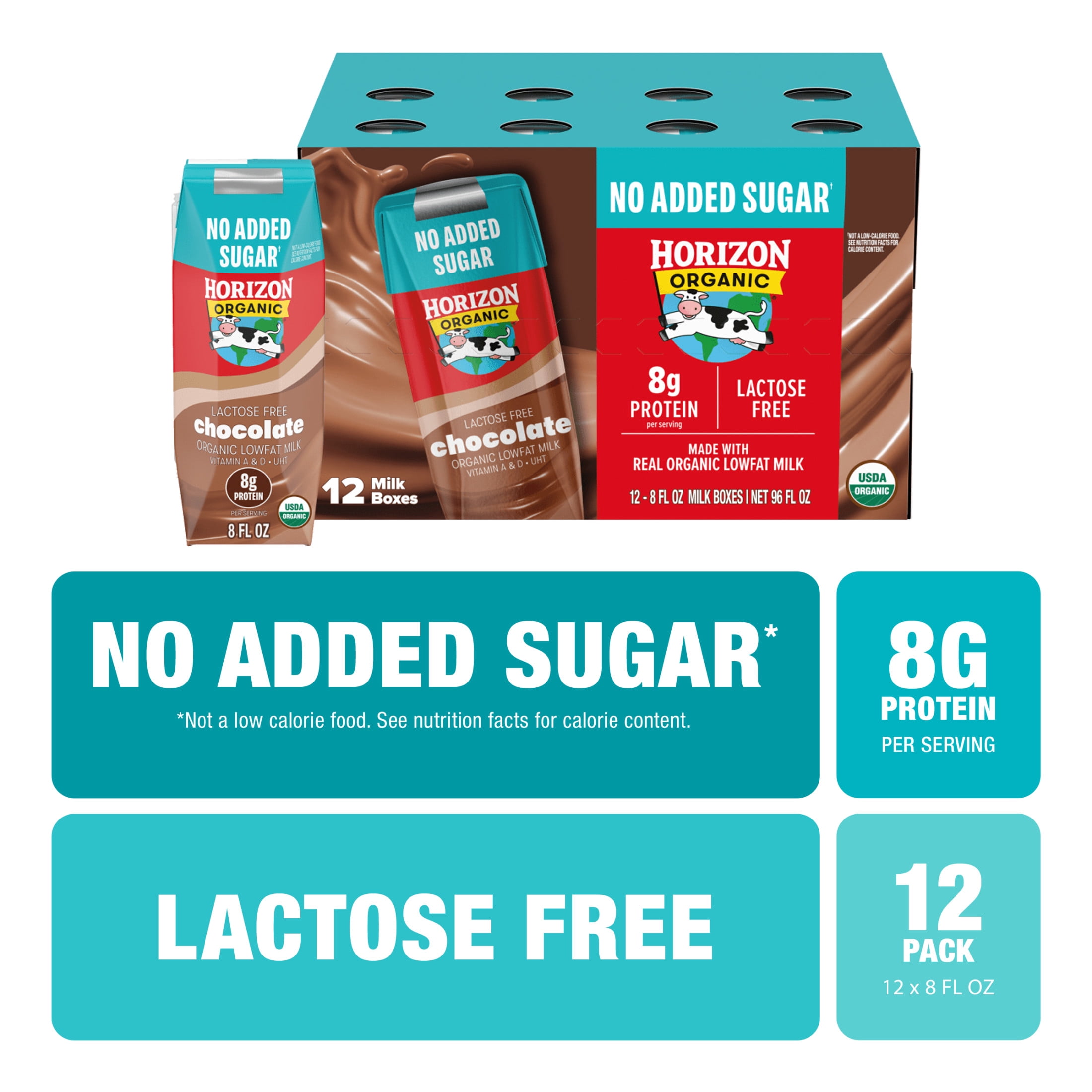 Horizon Organic Shelf Stable Lactose Free No Added Sugar 1% Lowfat Chocolate Milk Boxes, 8 fl oz, 12 Count
