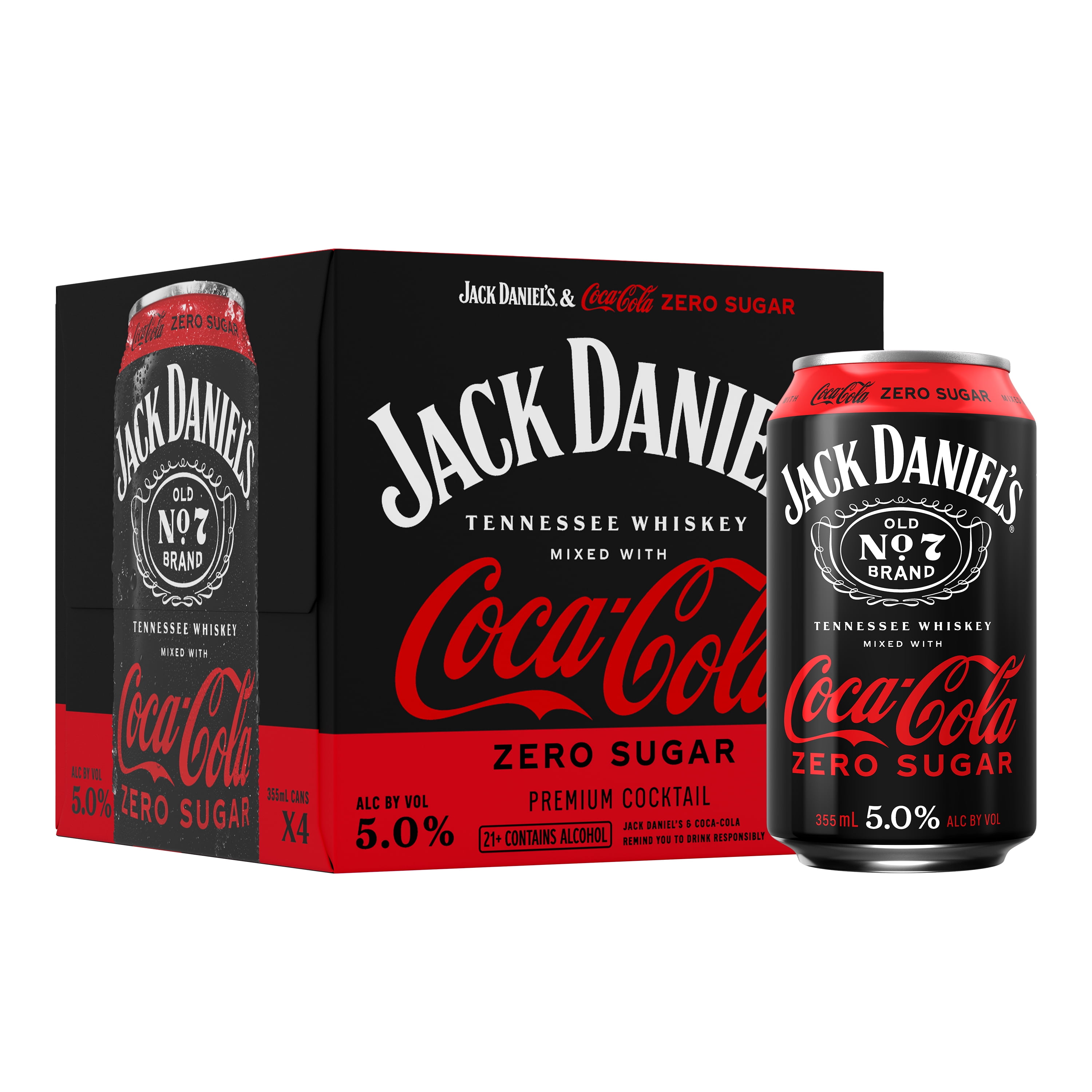 Jack Daniel's Tennessee Whiskey and Coca-Cola Zero Sugar Ready to Drink Whiskey Cocktail, 355 ml Cans, 4 Pack, 5% ABV