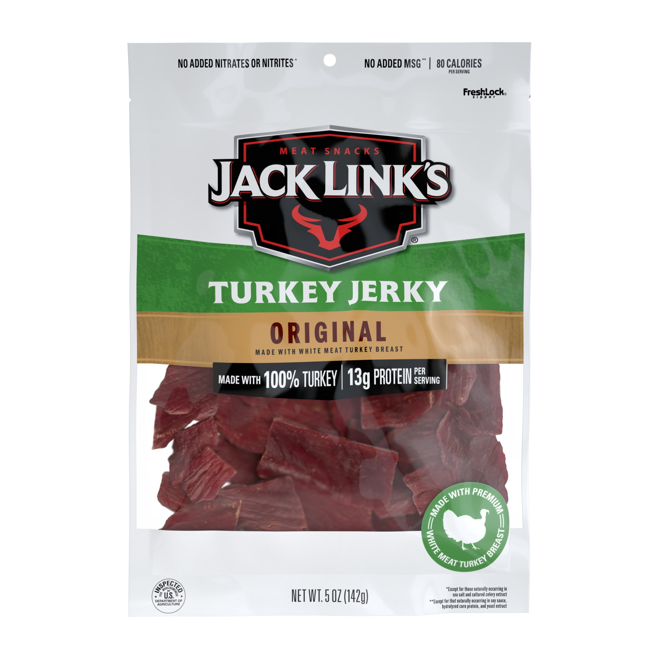 Jack Links Turkey Jerky, Original, Made with 100% Turkey, 13g of Protein per Serving, 5 Ounce, Resealable Bag