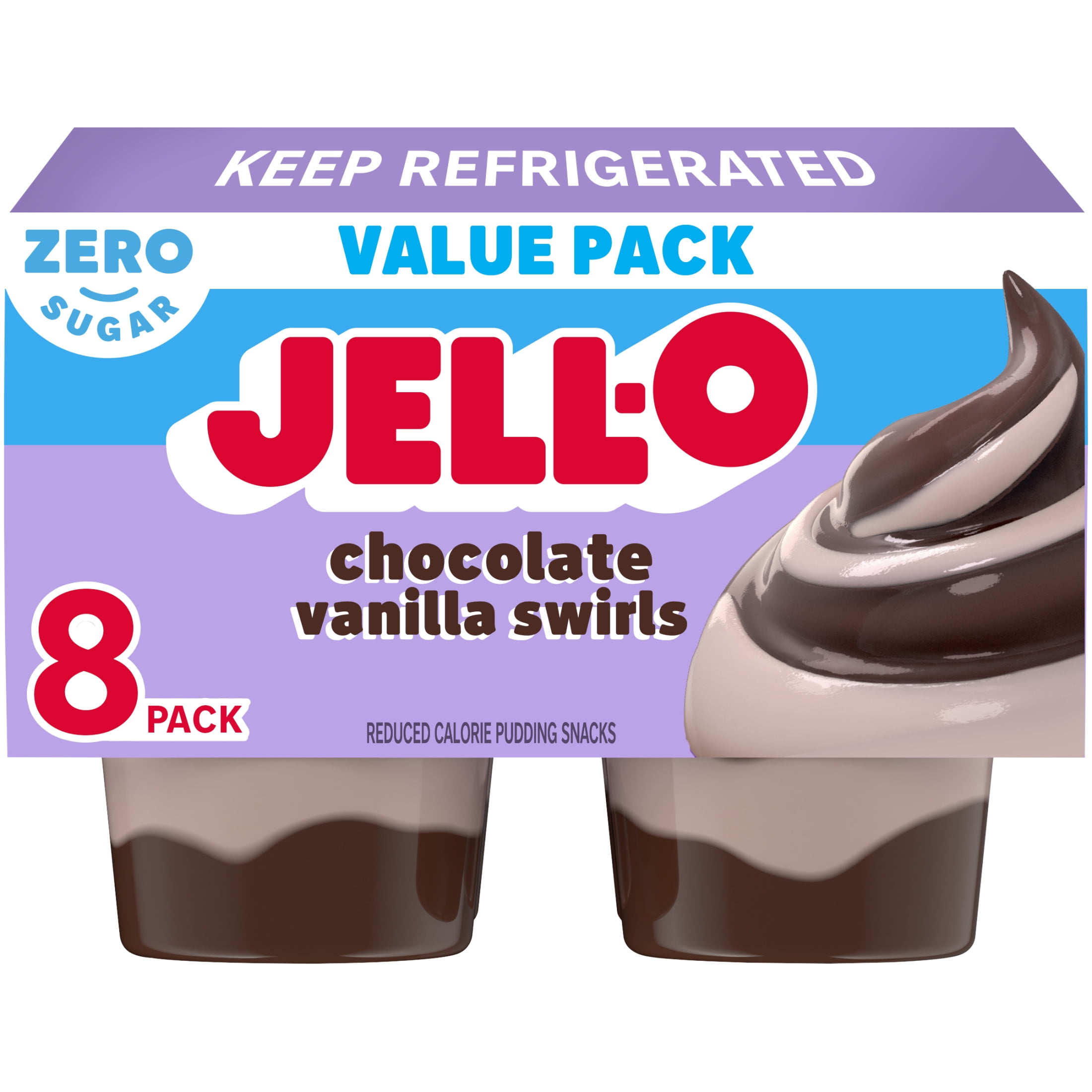 Jell-O Chocolate Vanilla Swirls Artificially Flavored Zero Sugar Ready-to-Eat Pudding Snack Cups Family Size Pack, 8 Count Cups
