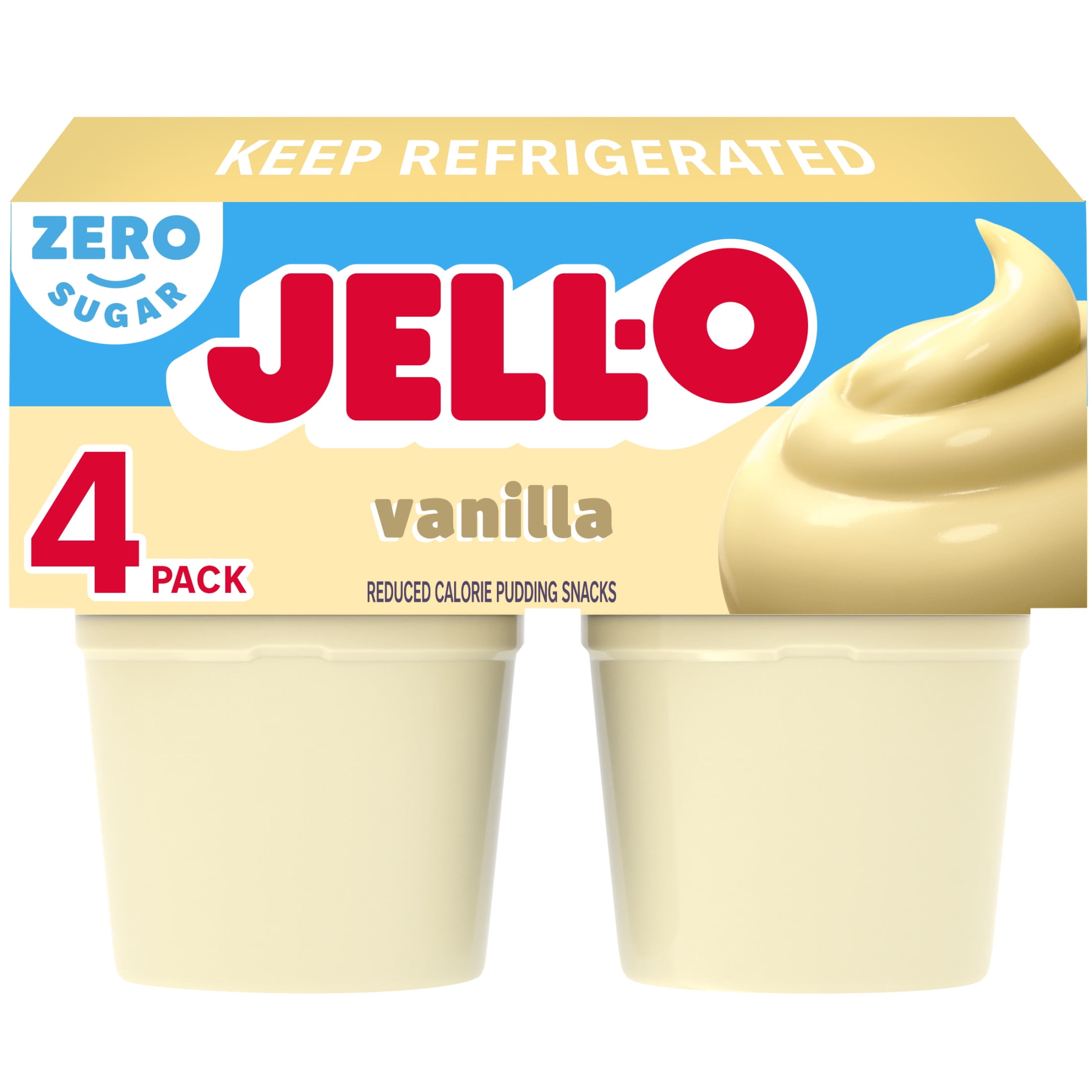 Jell-O Vanilla Artificially Flavored Zero Sugar Ready-to-Eat Pudding Snack Cups, 4 Count Cups