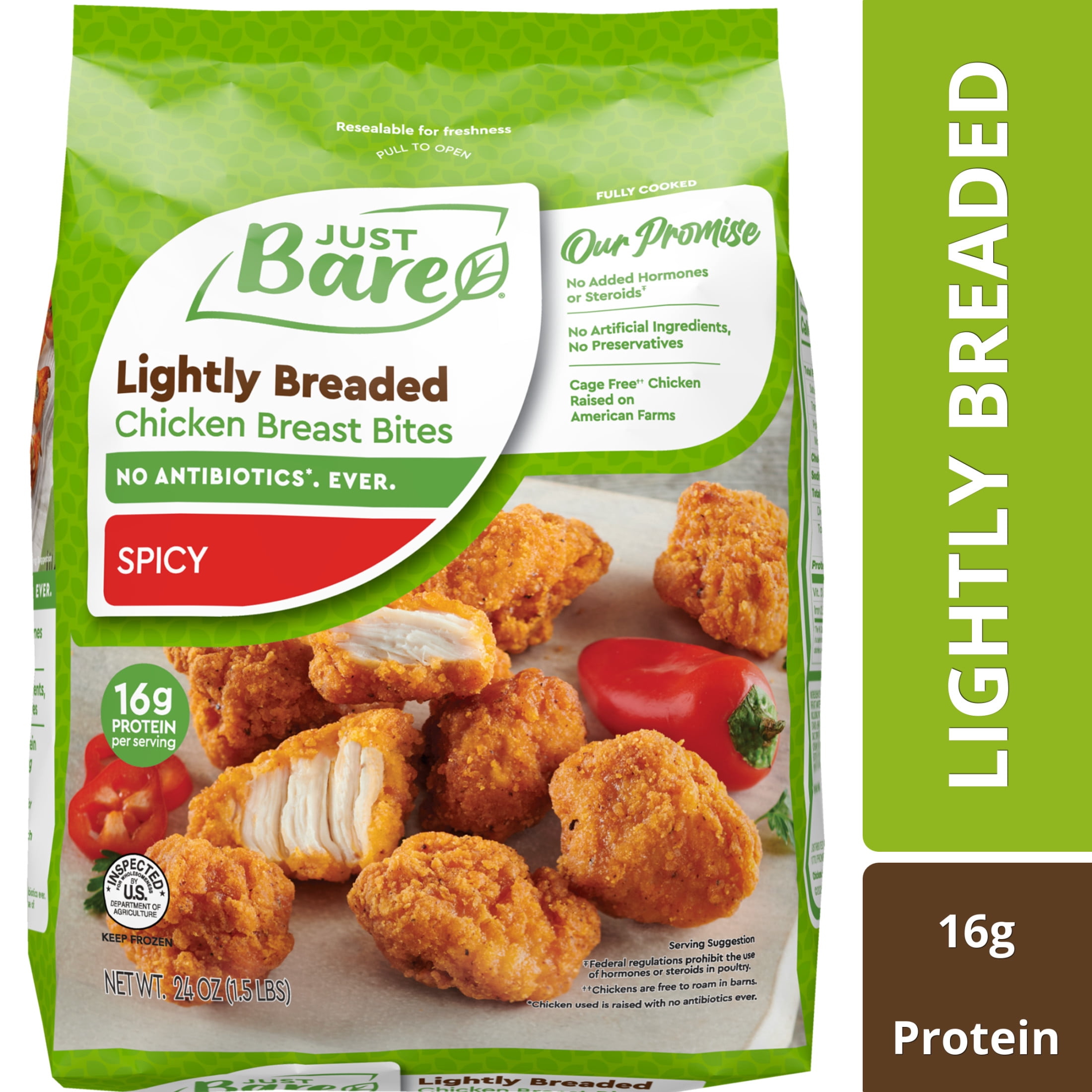 Just Bare Fully Cooked Lightly Breaded Chicken Breast Spicy Bites 1.5 lb, 16g of Protein, Serving Size 3 Ounces