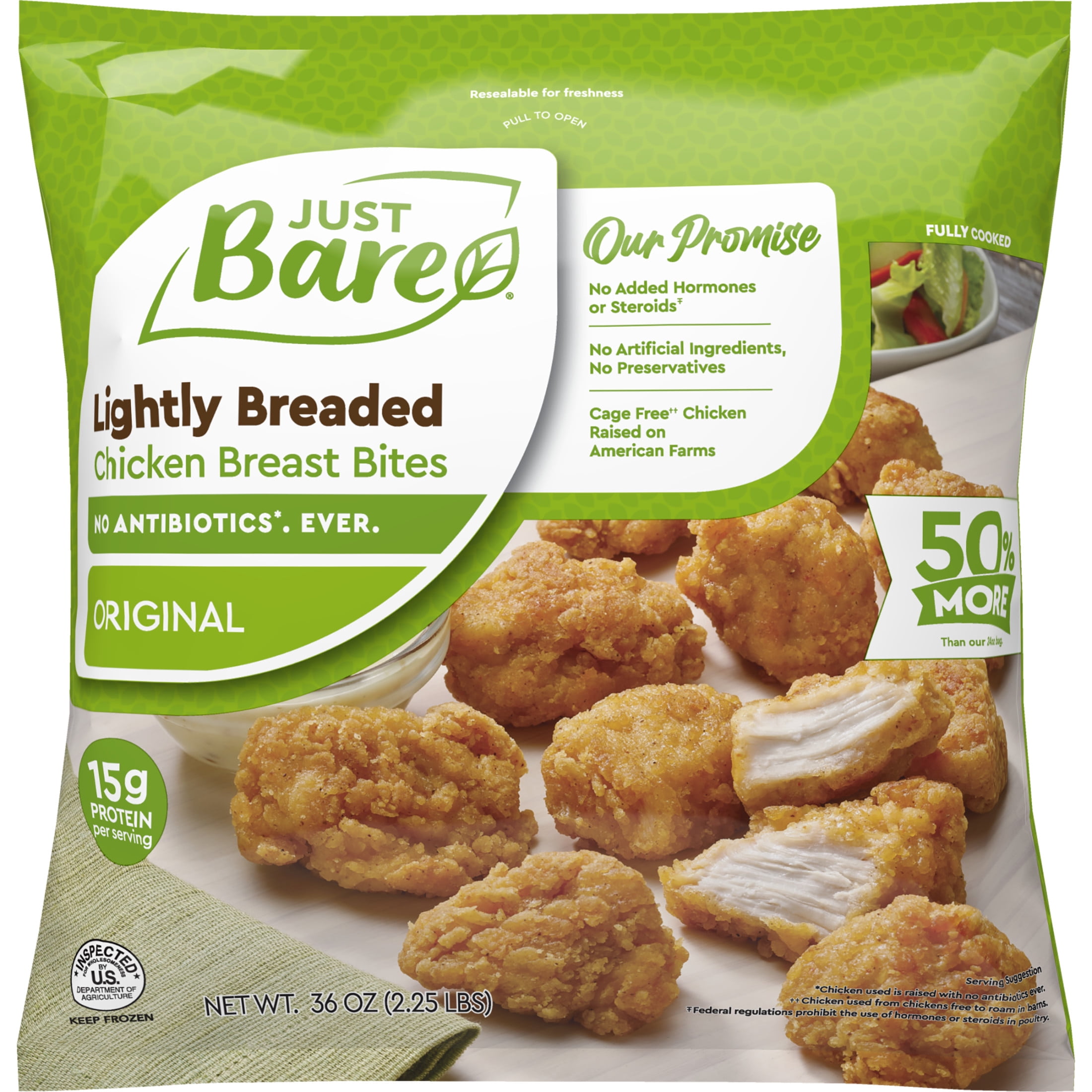 Just Bare Just Bare Fully Cooked Lightly Breaded Chicken Breast Bites Family Pack 2.25 lb, 15g of Protein, Serving Size 3 Ounces