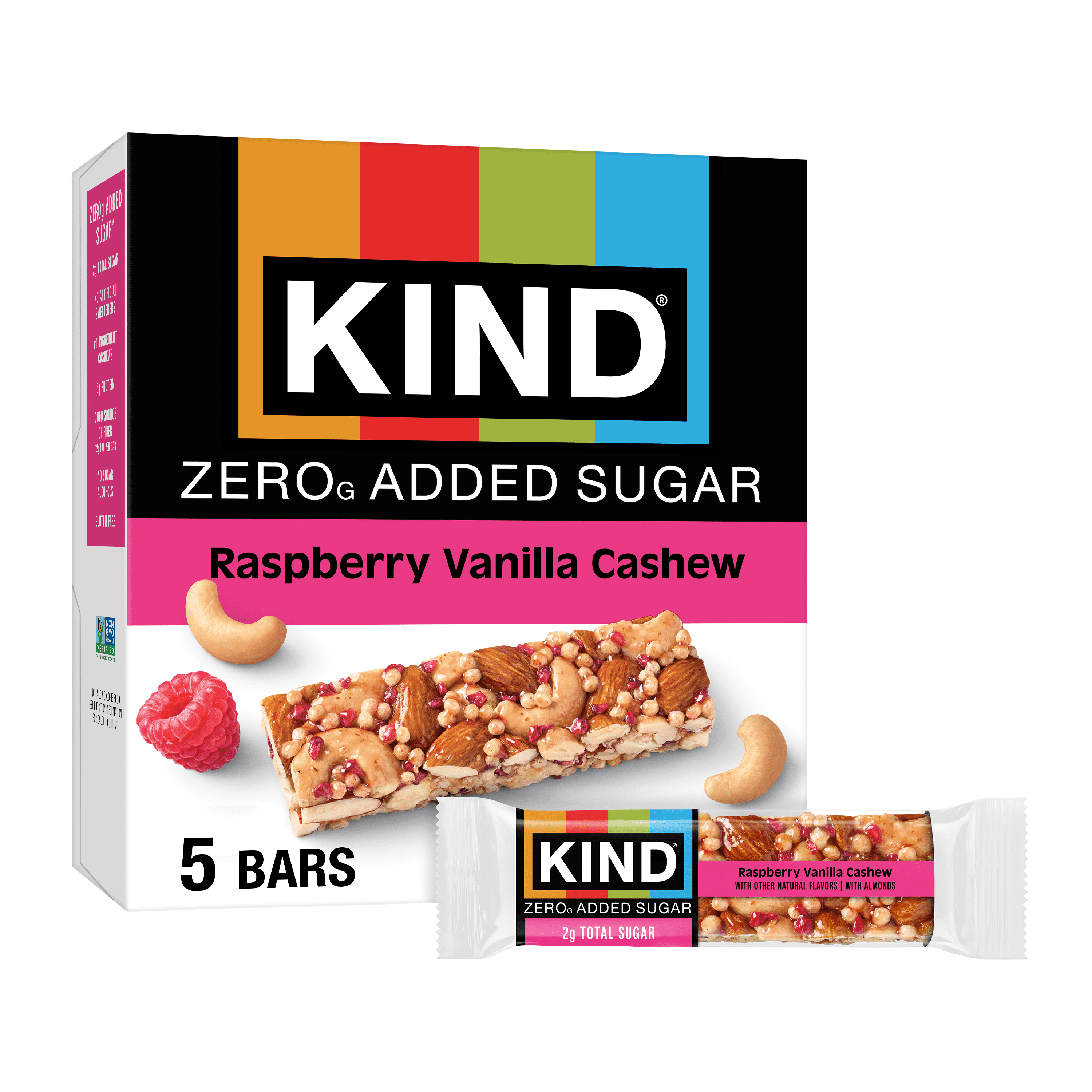 KIND Zero Added Sugar Bars, Raspberry Vanilla Cashew, Gluten Free, High Fiber, 5 Count