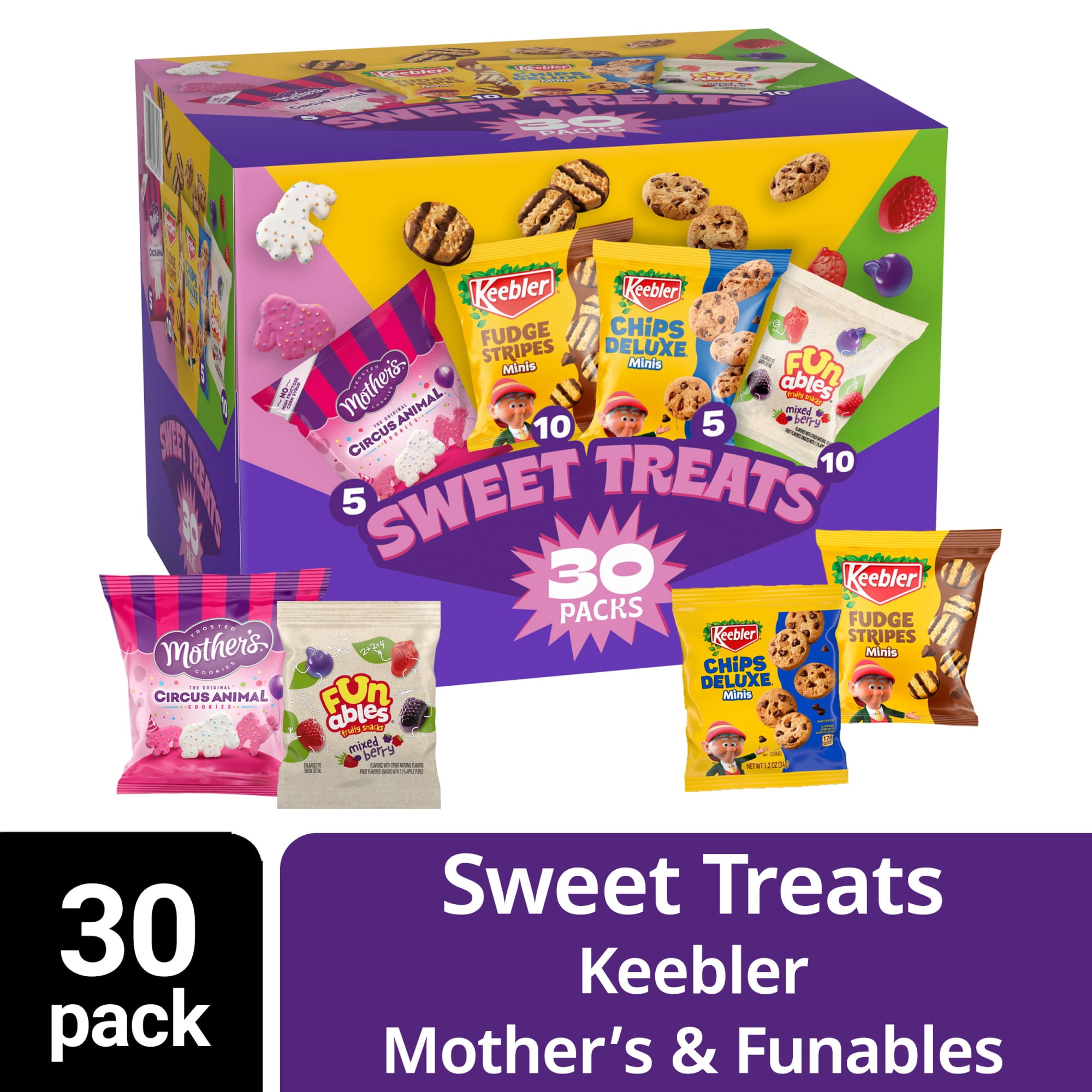 Keebler Sweet Treat Variety Pack, 30-Count Box, Includes Chips Deluxe, Funables, Fudge Stripes, and Mother's Circus Animal Cookies, 29 oz