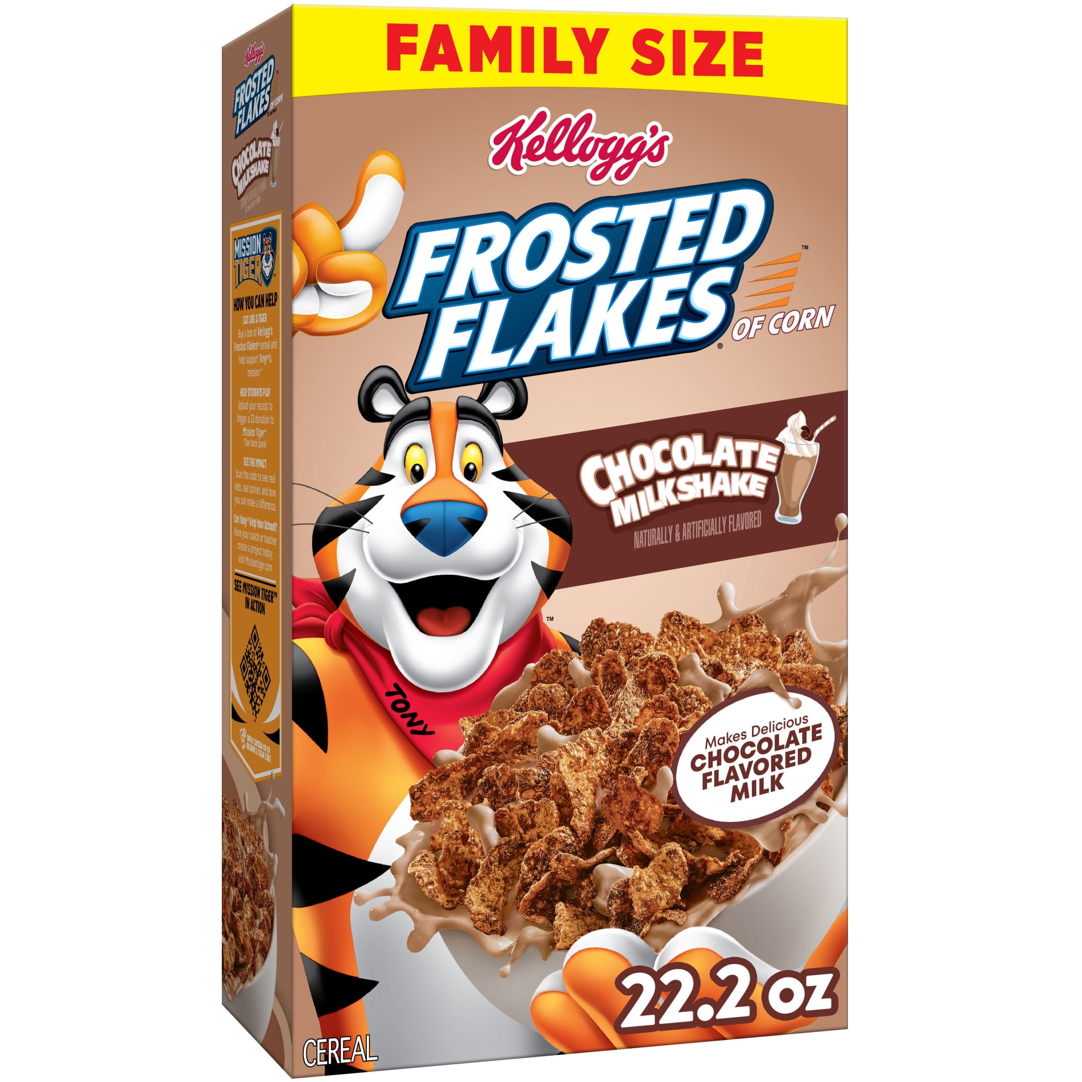 Kellogg's Frosted Flakes Chocolate Milkshake Breakfast Cereal, Kids Cereal, Family Size, 22.2 oz