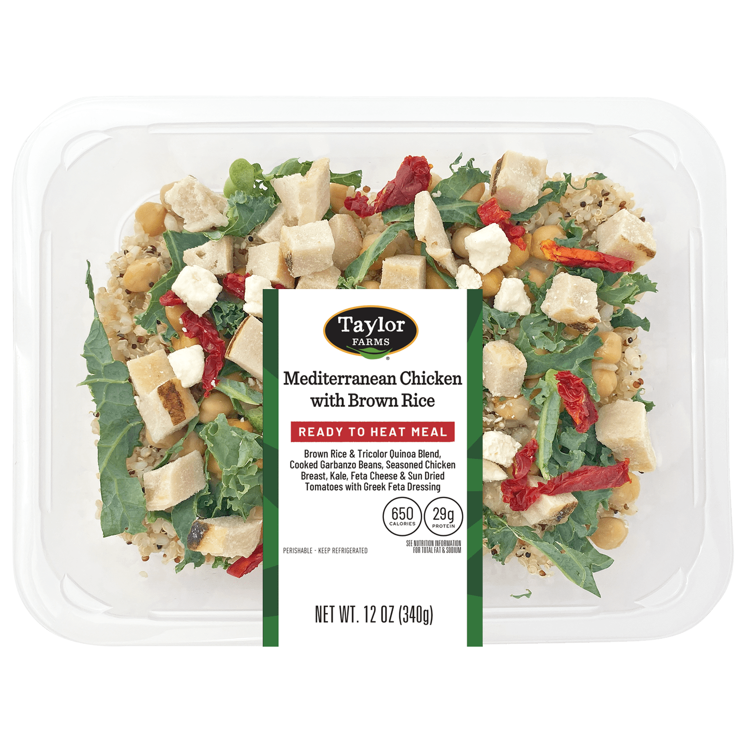 Taylor Farms Mediterranean Inspired Chicken with Brown Rice, Microwave Ready Single Serve Meal, 12 oz, Fresh