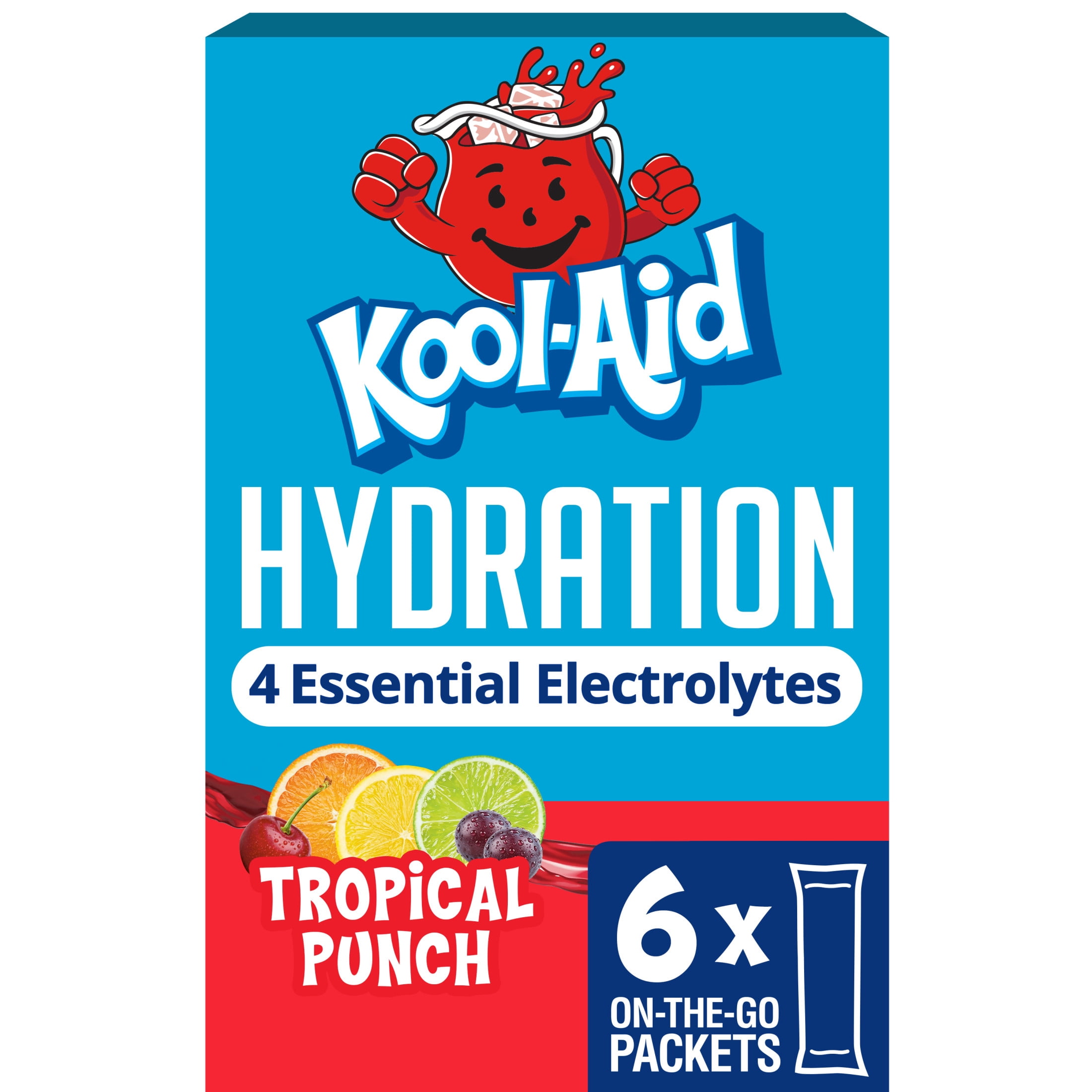 Kool-Aid Hydration Electrolyte Powder Drink Mix, 6 On-the-Go-Packets, for Easy and Flavorful Hydration, Tropical Punch Artificial Flavor, Zero Sugar, No Artificial Dyes, Low Calorie, 1.32 oz Box