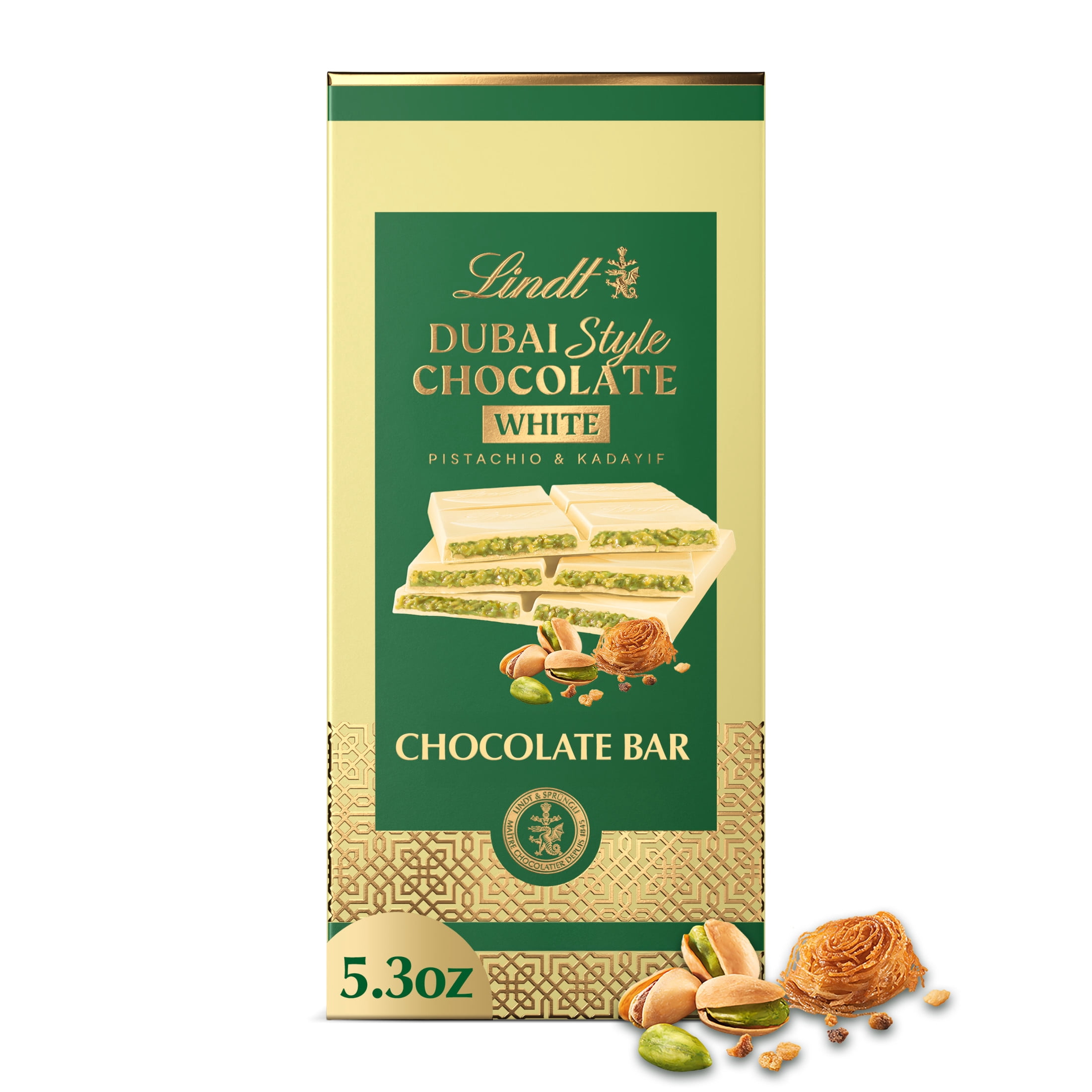 Lindt Dubai Style White Chocolate Candy with Pistachio & Kadayif, 5.3 oz. Bar
