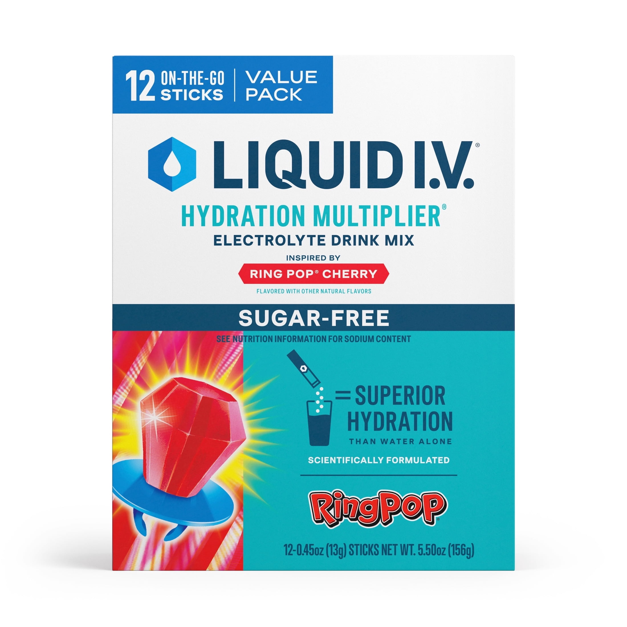 Liquid I.V. Ring Pop Cherry Hydration Multiplier Sugar-Free Powdered Electrolyte Drink Mix, 12 Count Packets