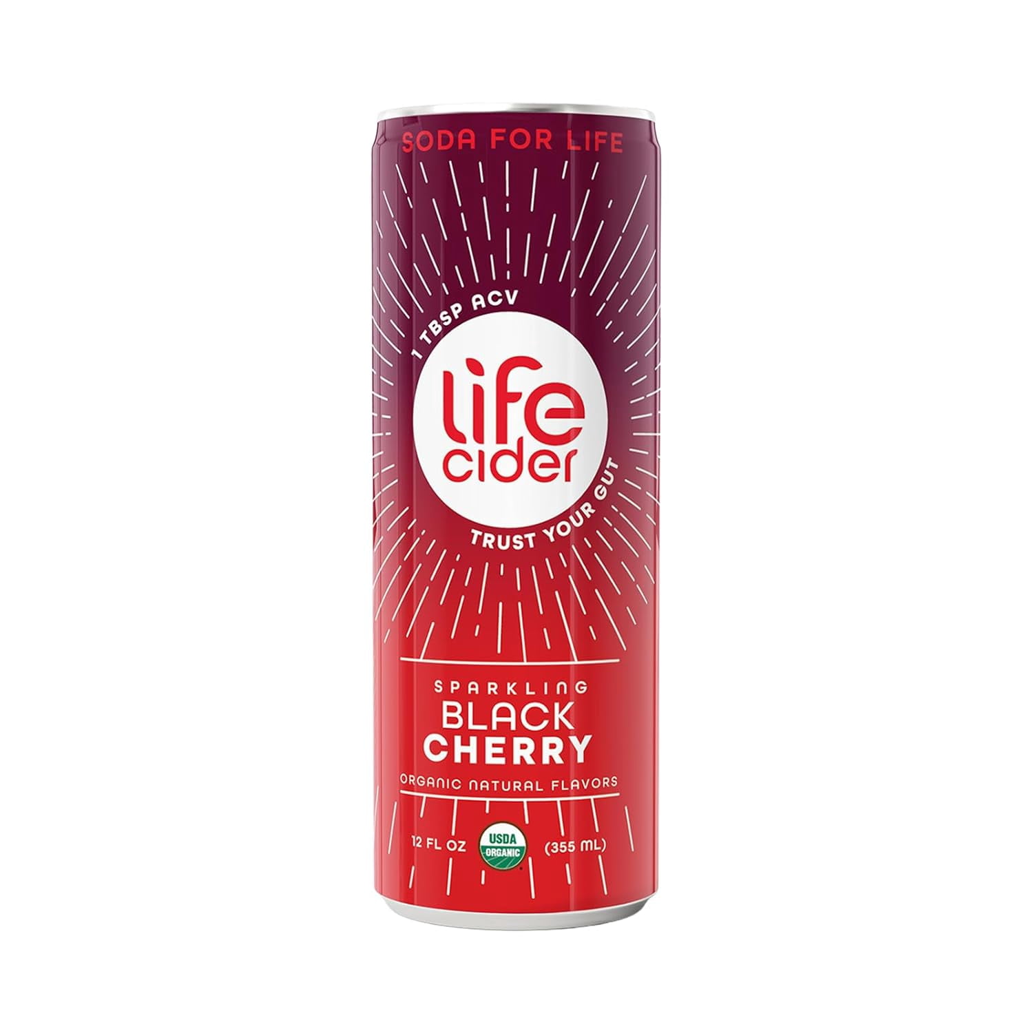 Life Cider Sparkling Apple Cider Vinegar Healthy Soda, Black Cherry, Gut Balance, 12 fl oz Aluminum Can